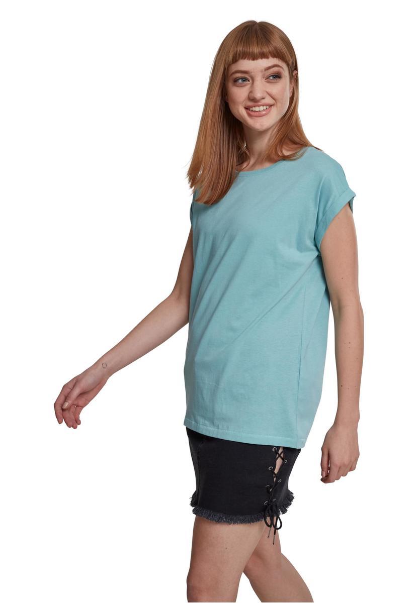 Women's blue T-shirt with extended shoulder