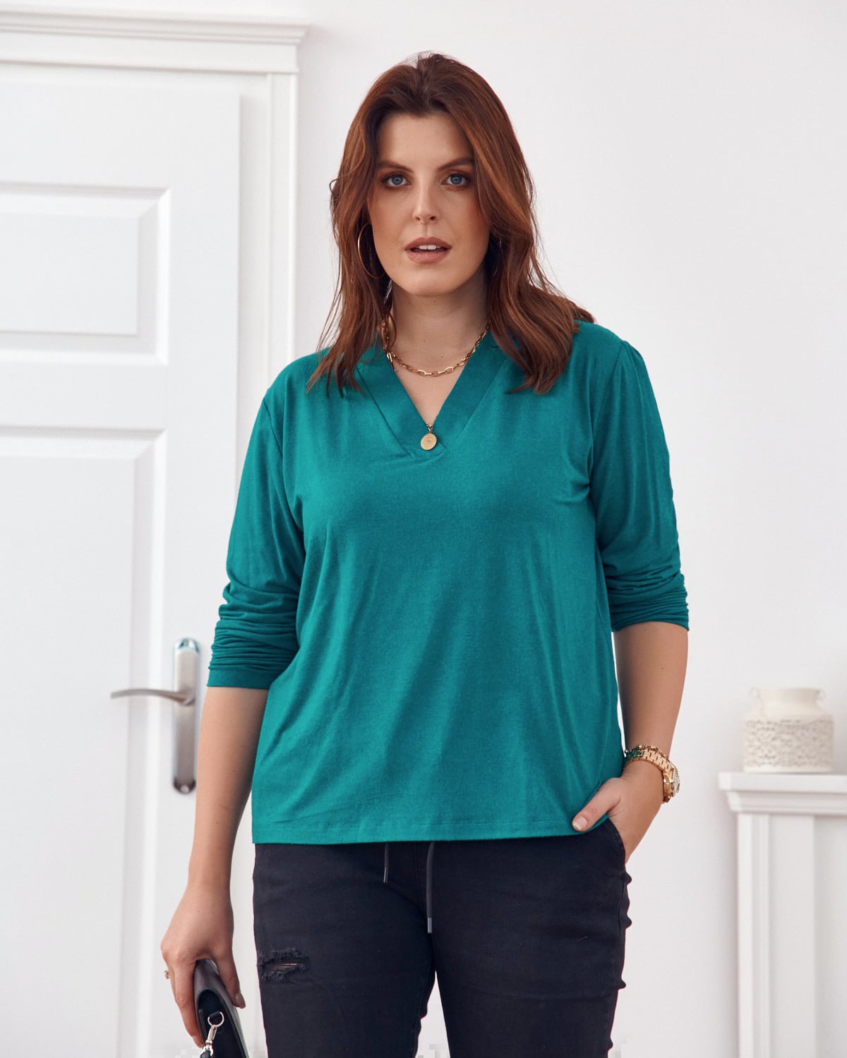 Classic Green Blouse With V-neck