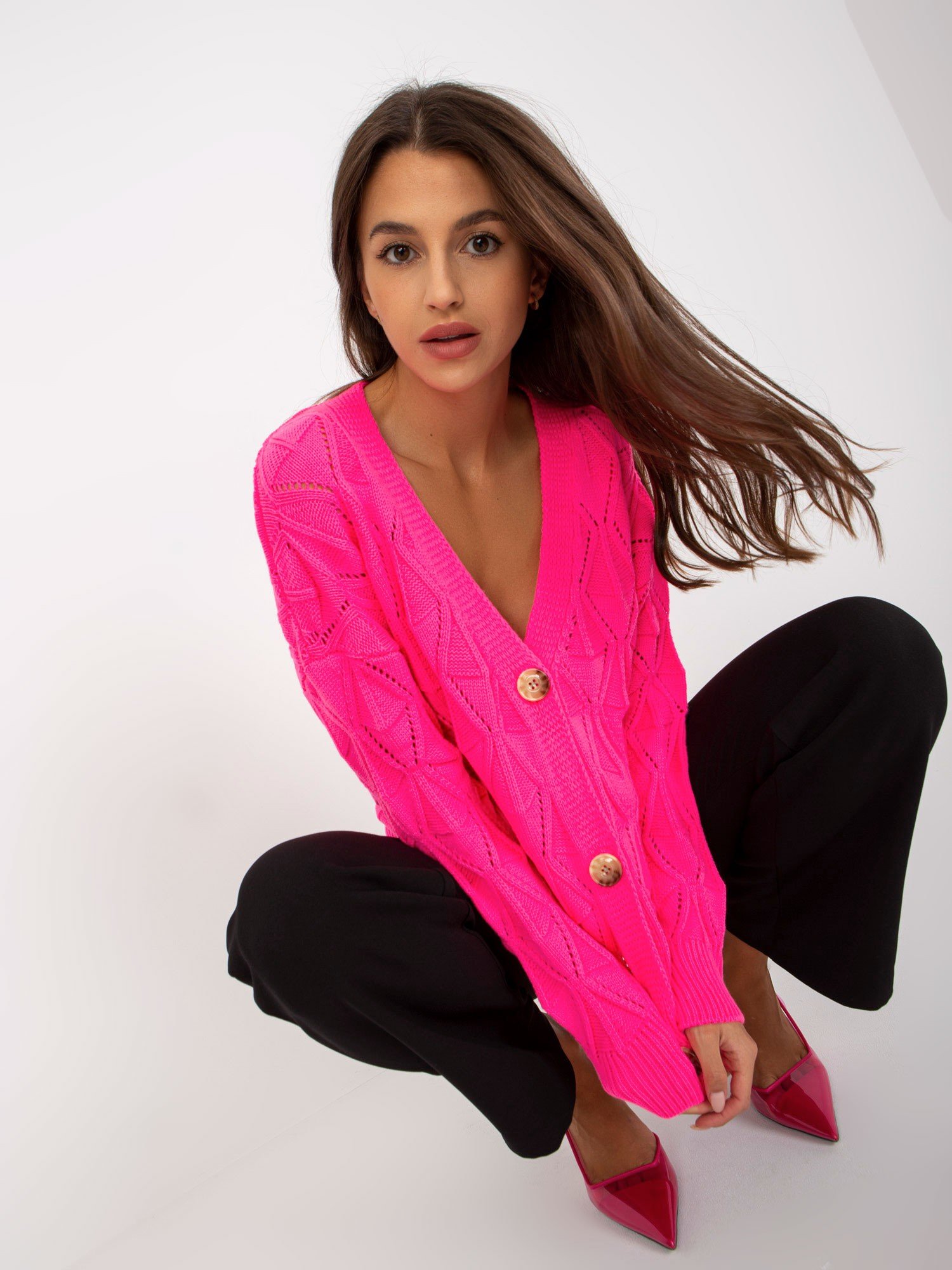 Fluo Pink Openwork Cardigan With Buttons RUE PARIS