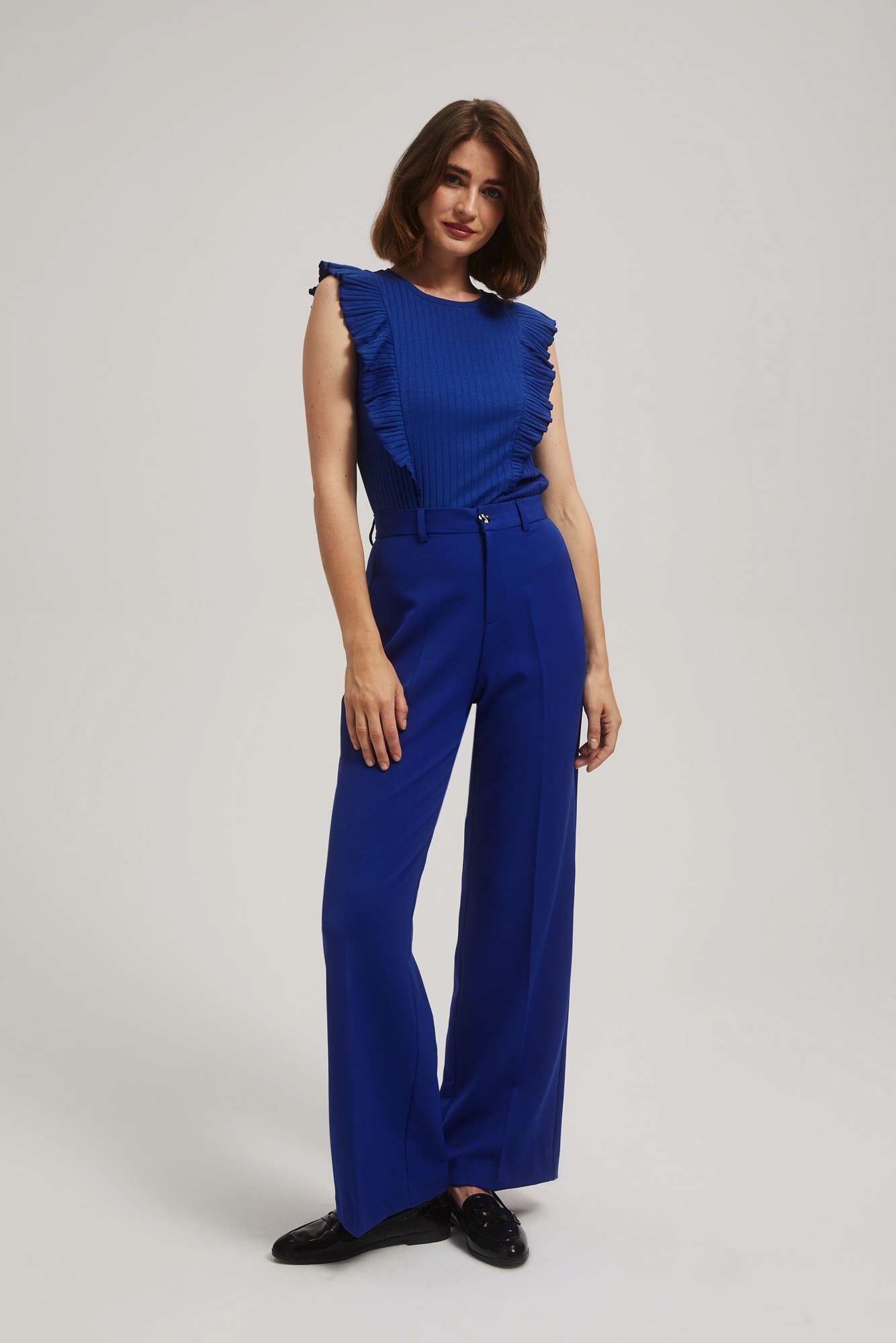 Marisse Blue Ribbed Blouse With Ruffles