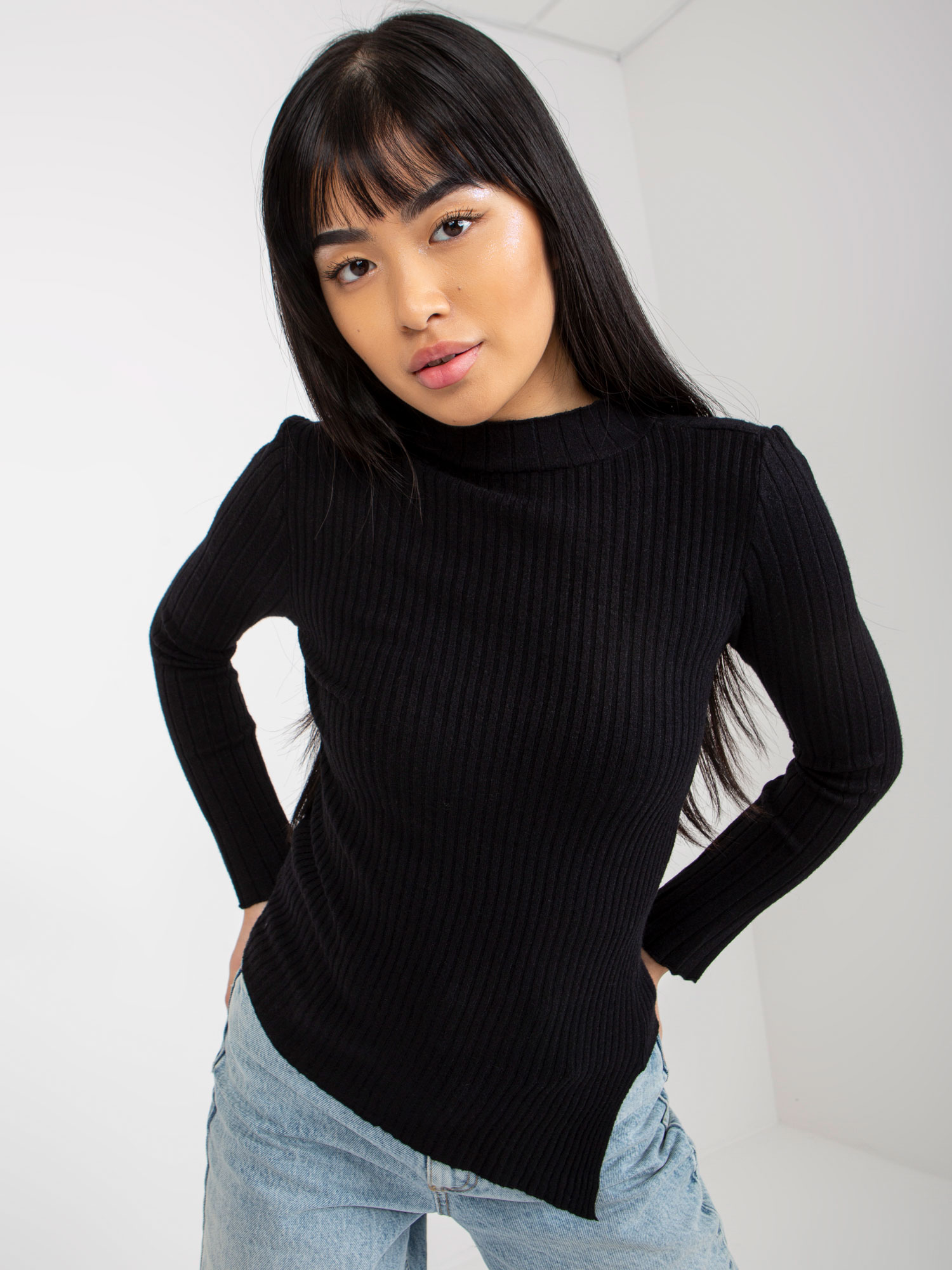 Black Simple Asymmetrical Striped Sweater