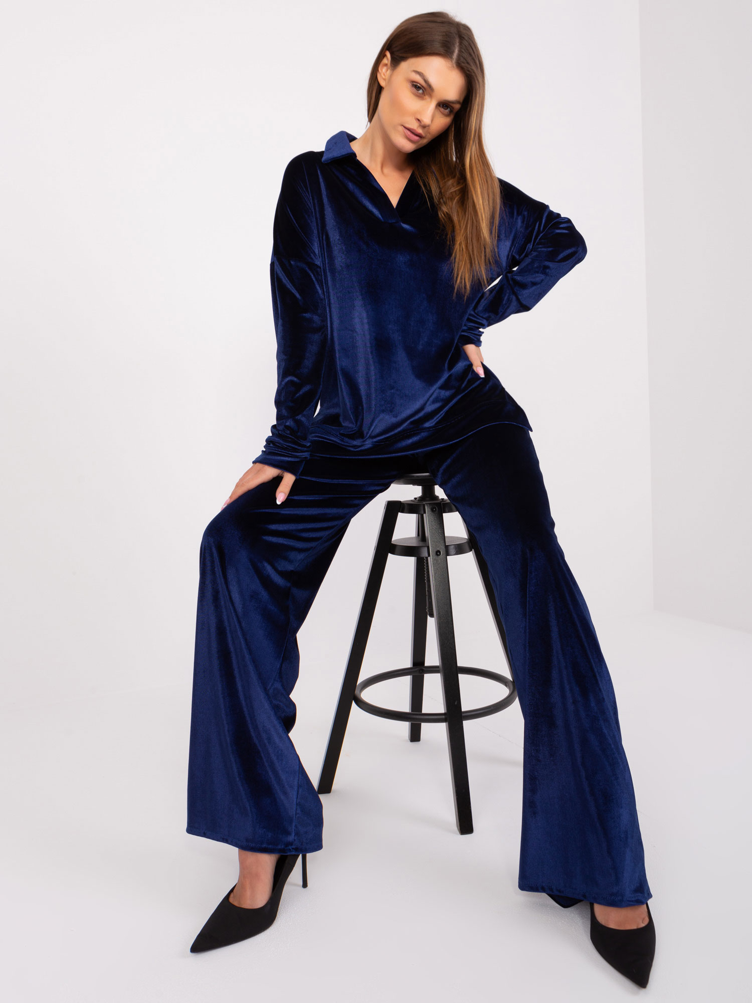 Navy Blue Velour Set With Blouse