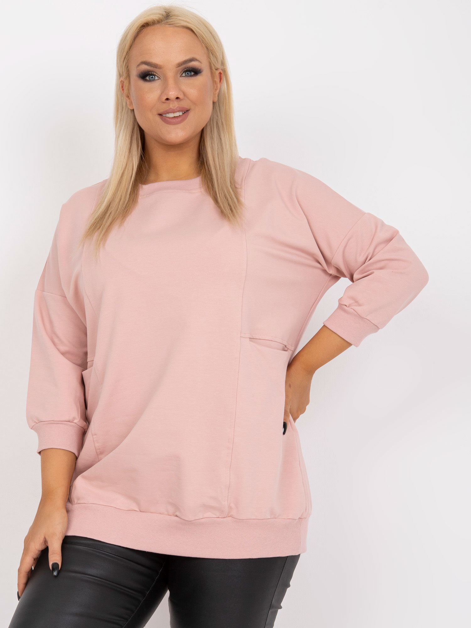 Powder Pink Base Blouse Plus Size With Round Neckline