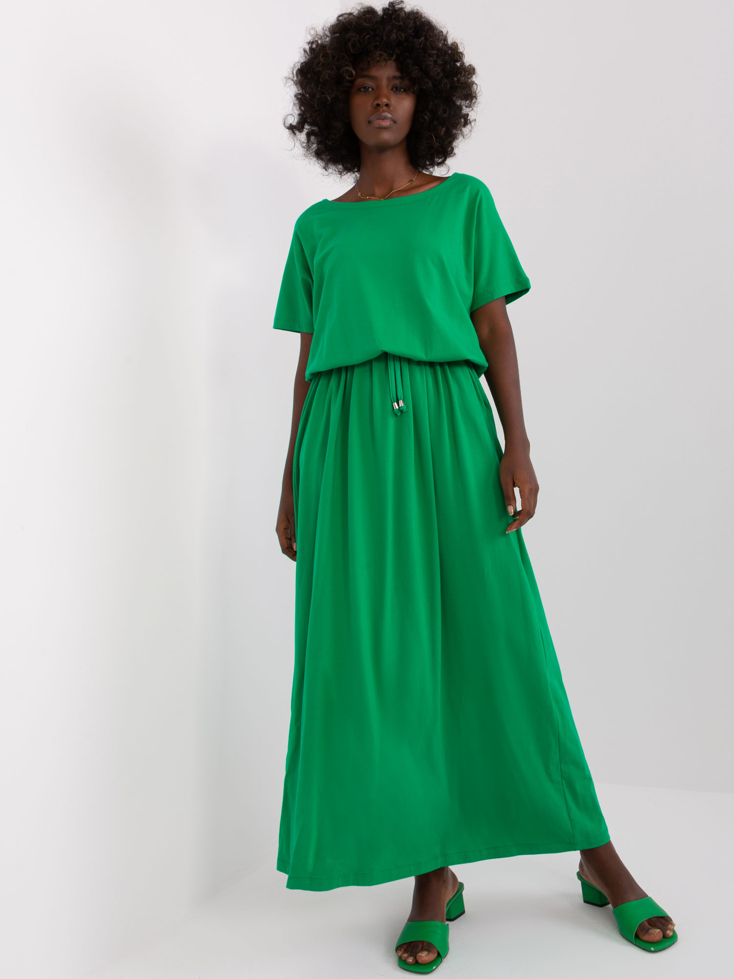 Green casual basic dress with tie