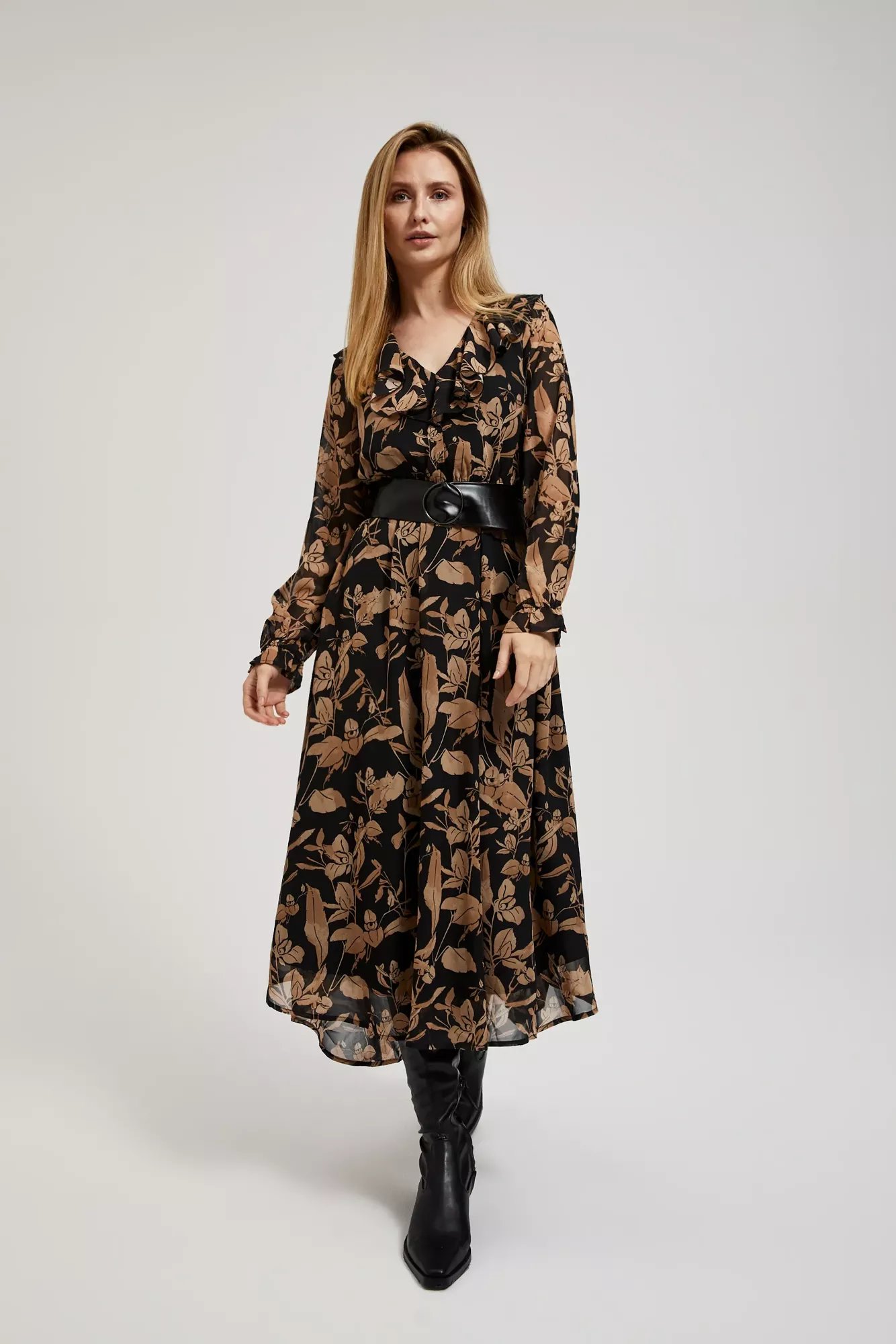 Marisse Black Dress With A Flared Bottom And A Floral Print