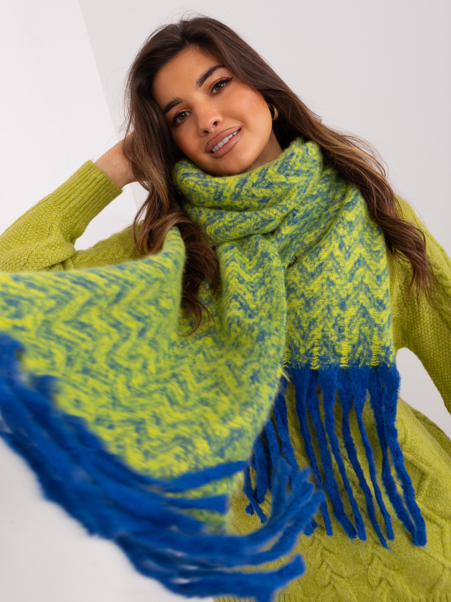 Navy blue and yellow women's scarf with patterns