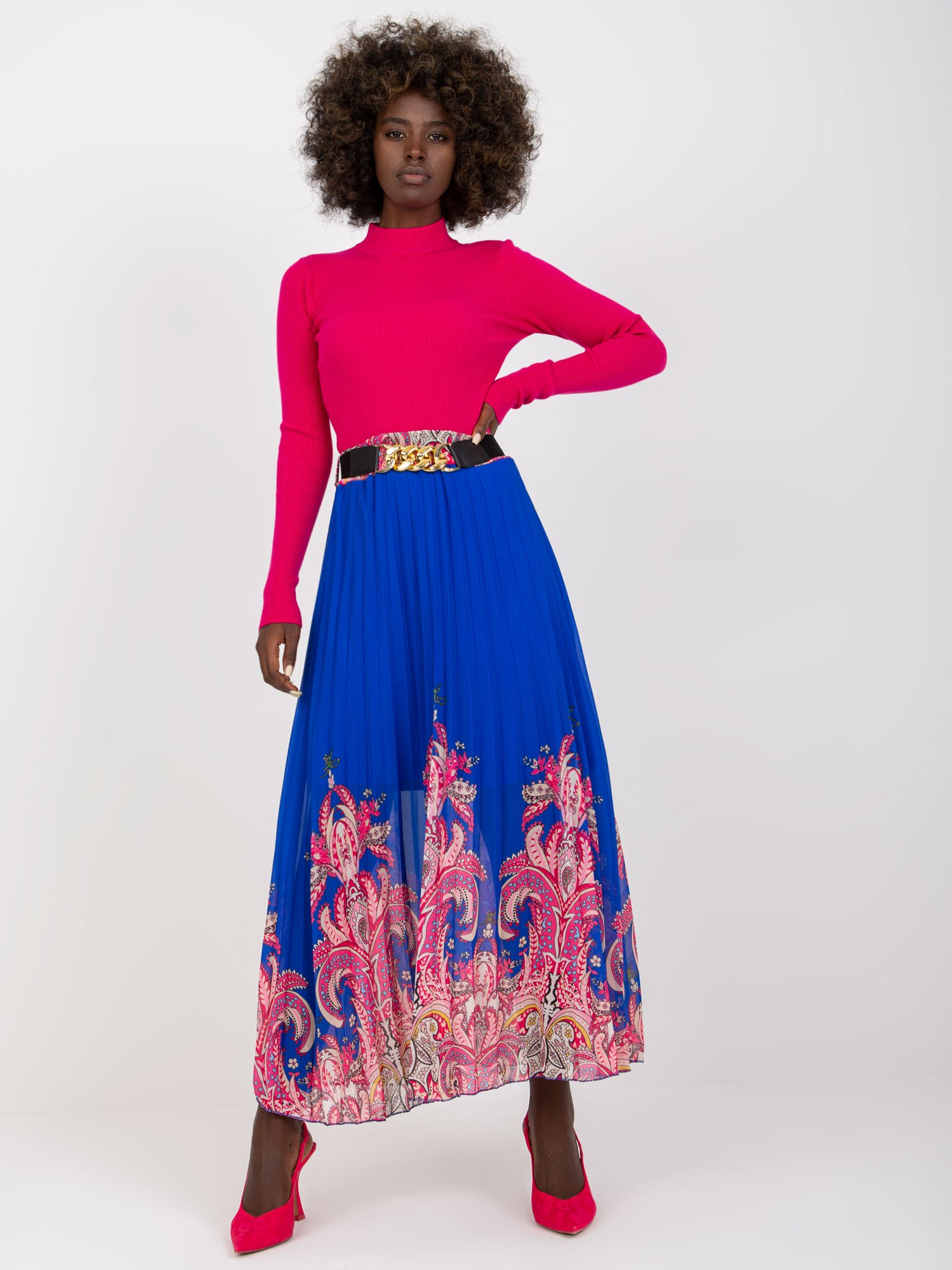 Dark Blue Pleated Maxi Skirt With Belt