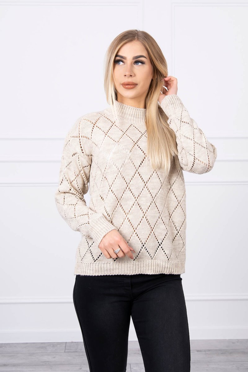 High-neckline sweater with beige diamond pattern