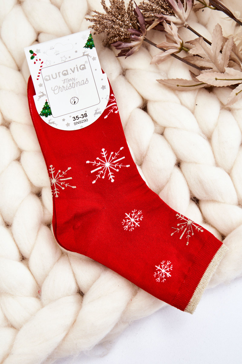 Women's socks with Christmas patterns Snowflakes red