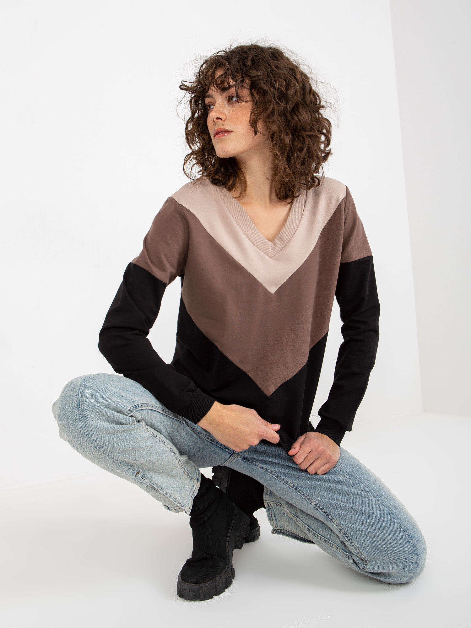 Basic Beige And Black Cotton Sweatshirt With Neckline