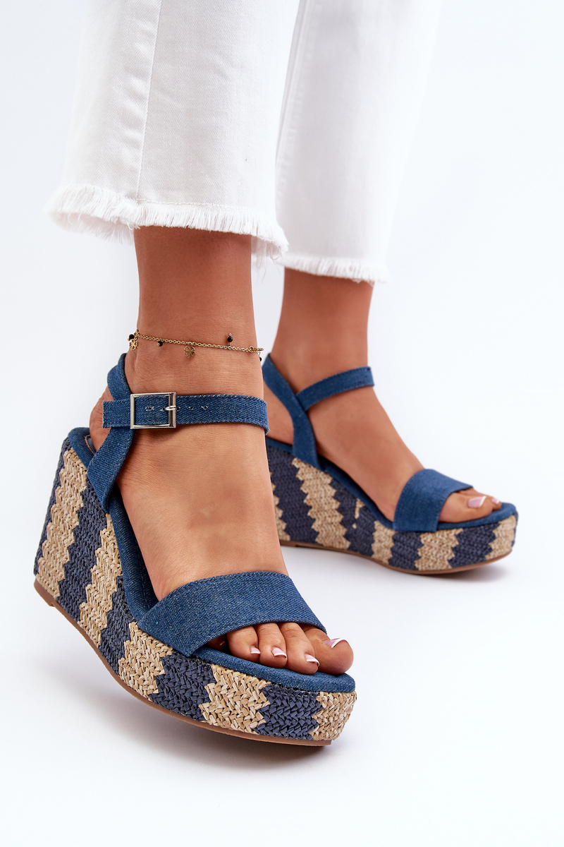 Women's denim wedge sandals with a braid, blue Reviala