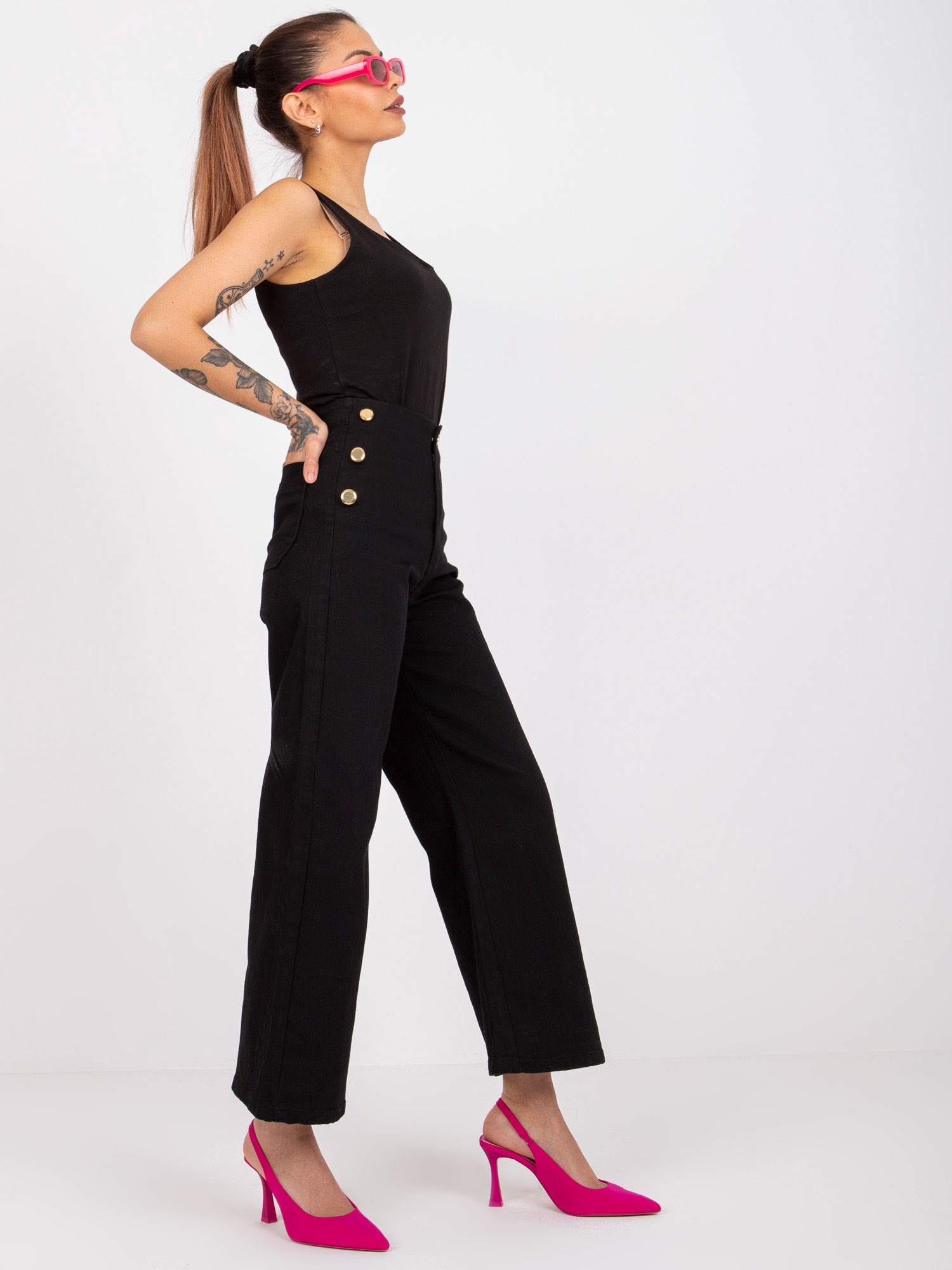 Jeans Marianne RUE PARIS din denim negru cu nasturi decorativi