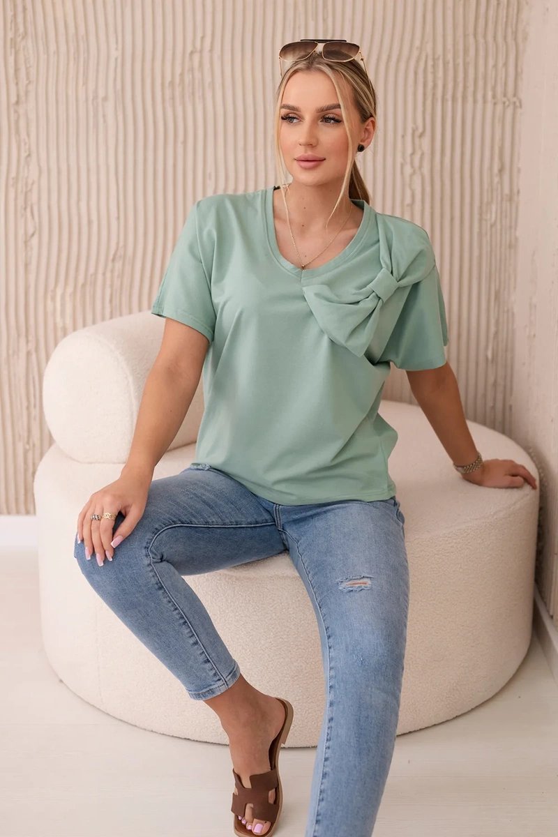 Cotton blouse with decorative bow dark mint