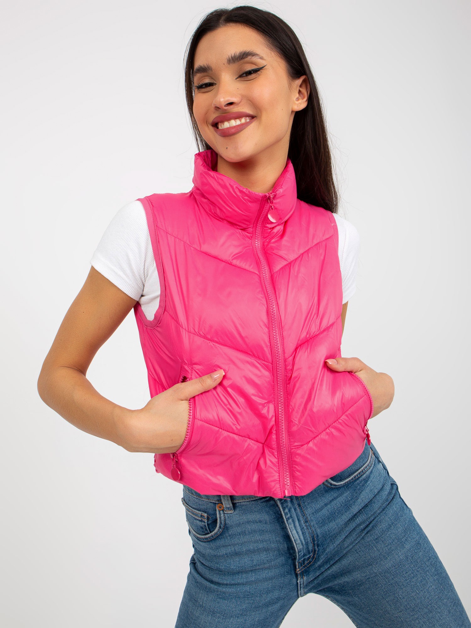 Women's Short Down Vest With Stitching - Pink