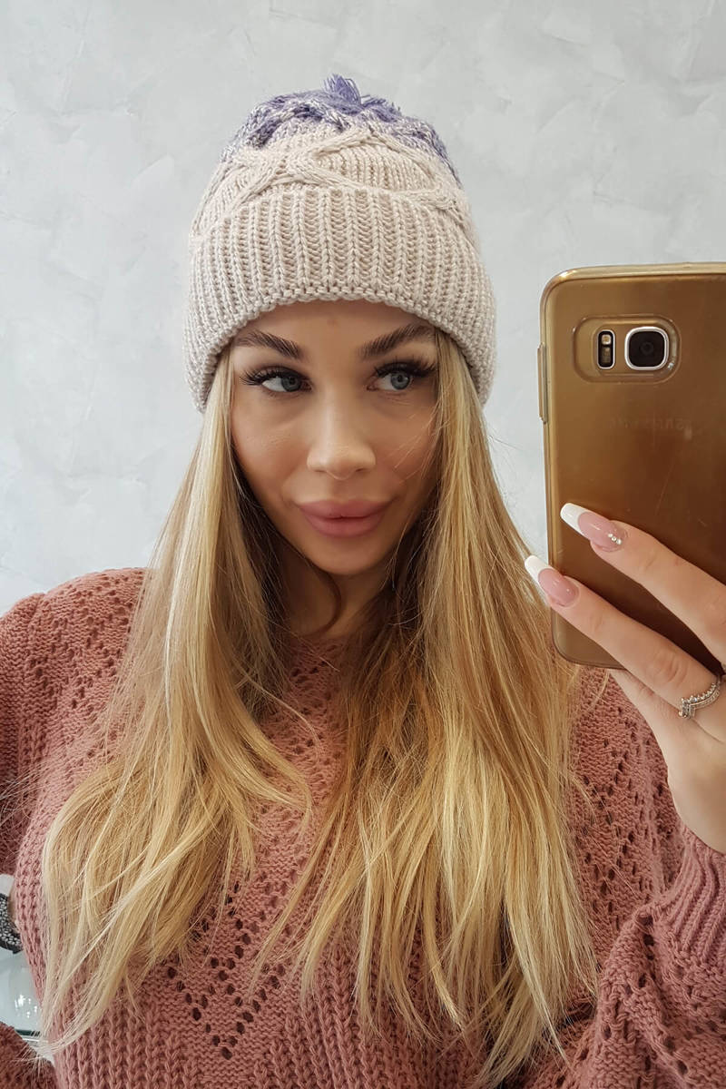 Beanie with fleece Alice K248 beige+purple