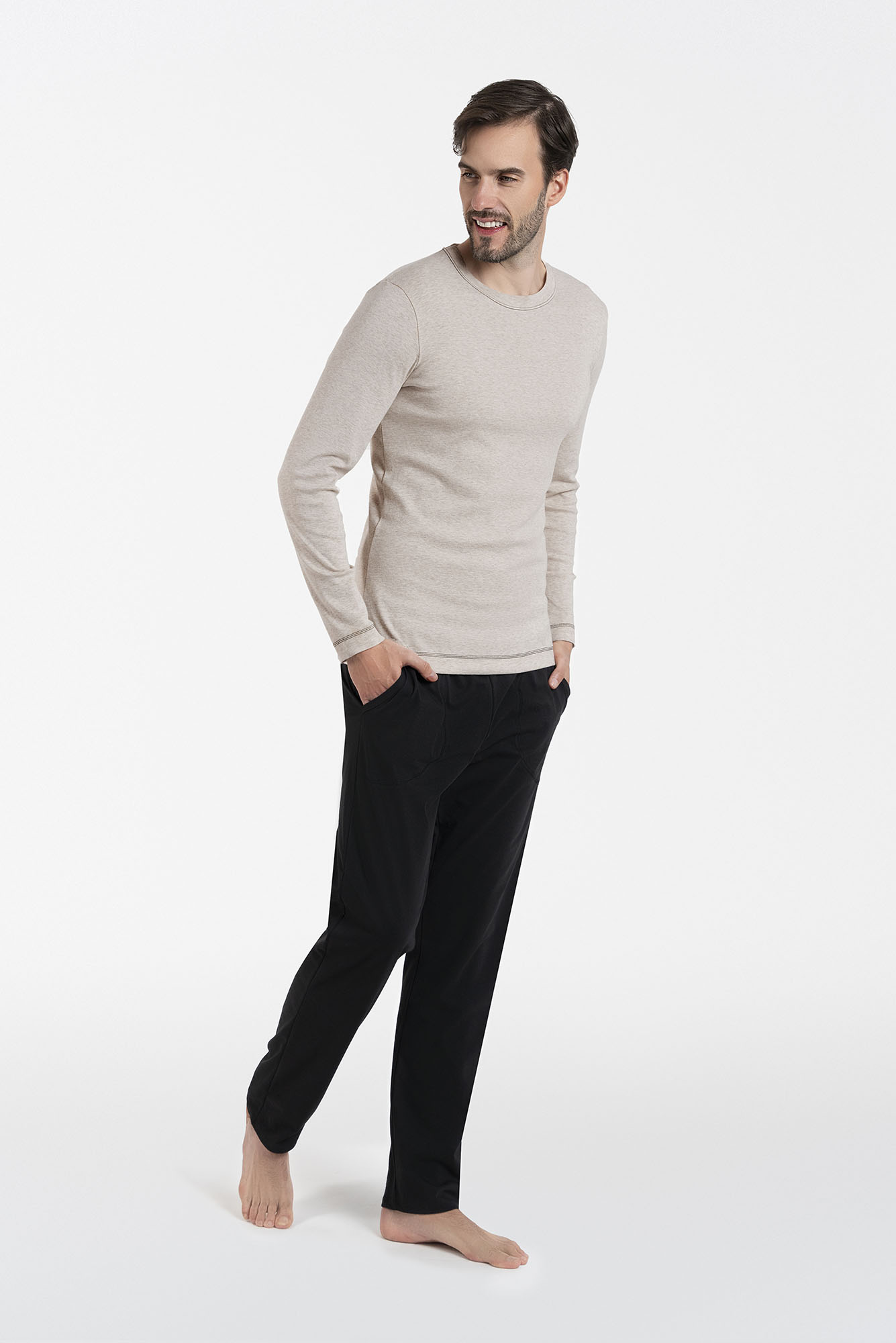 Men's pyjamas Zermat, long sleeves, long pants - beige melange/black