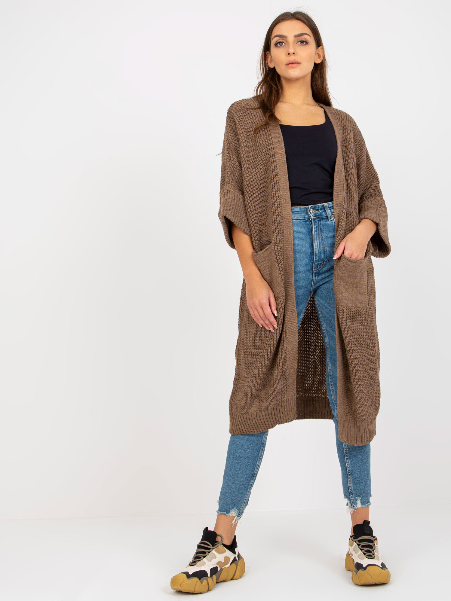 OCH BELLA Brown Long Cardigan With Wide Sleeves