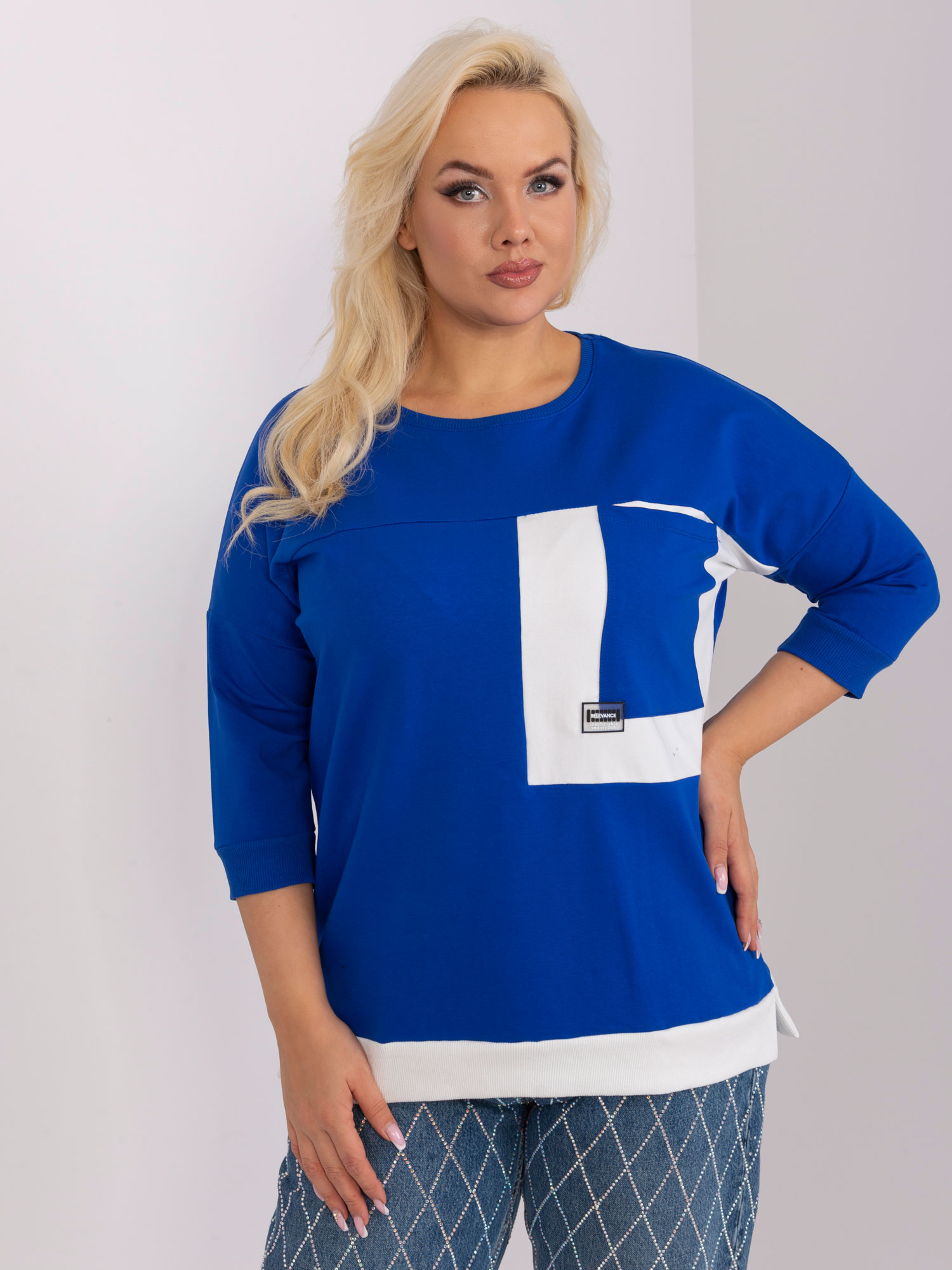 Cobalt Blue Cotton Blouse Plus Size With 3/4 Sleeves