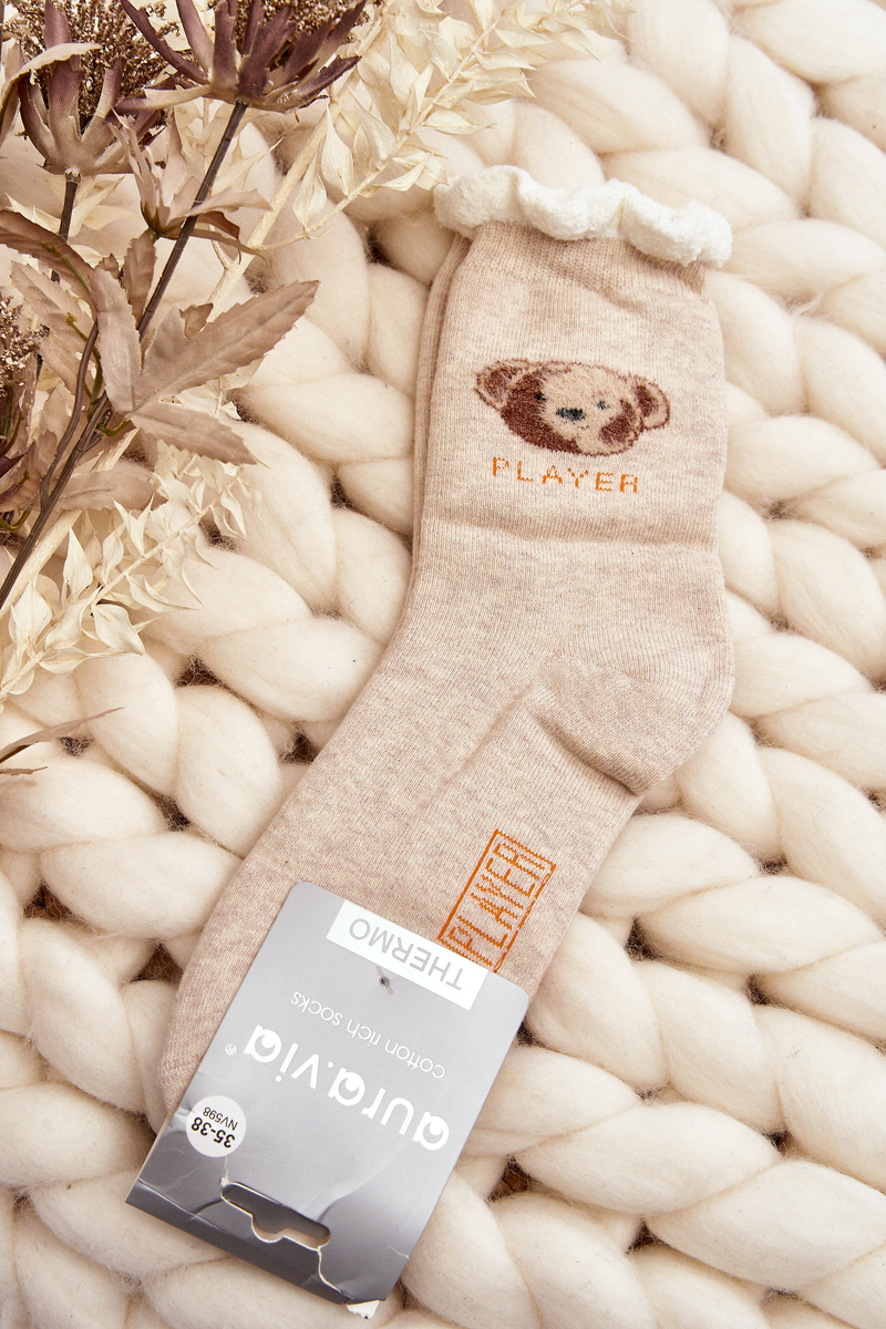 Levně Silné bavlněné ponožky s medvídkem, béžové
