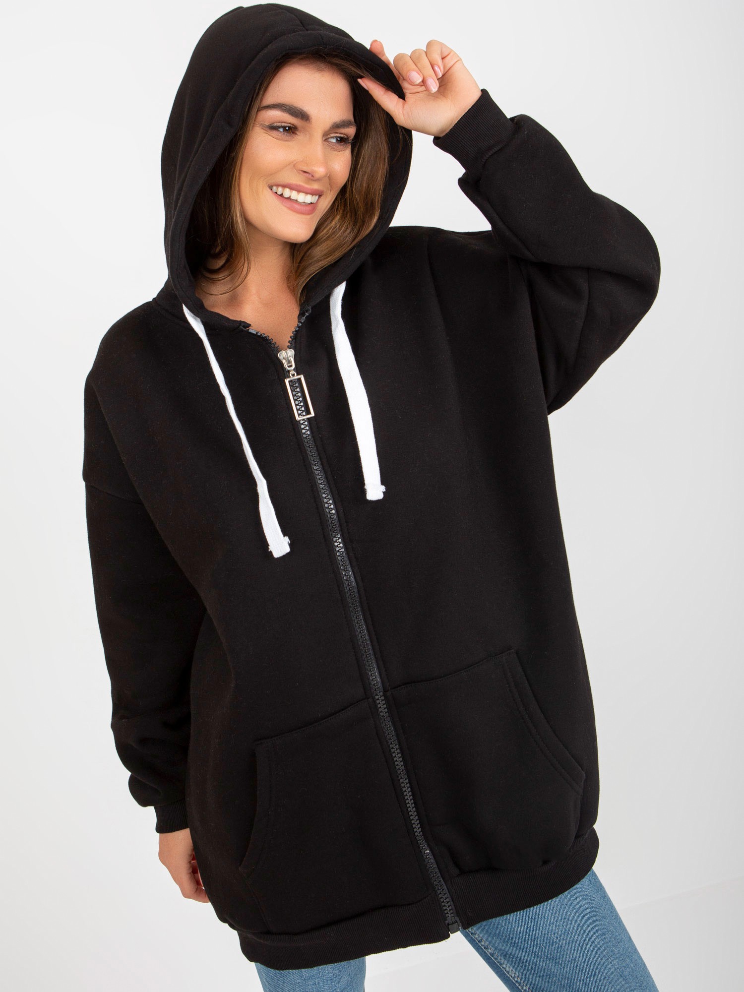 Basic Black Sweatshirt With Oversize Zipper