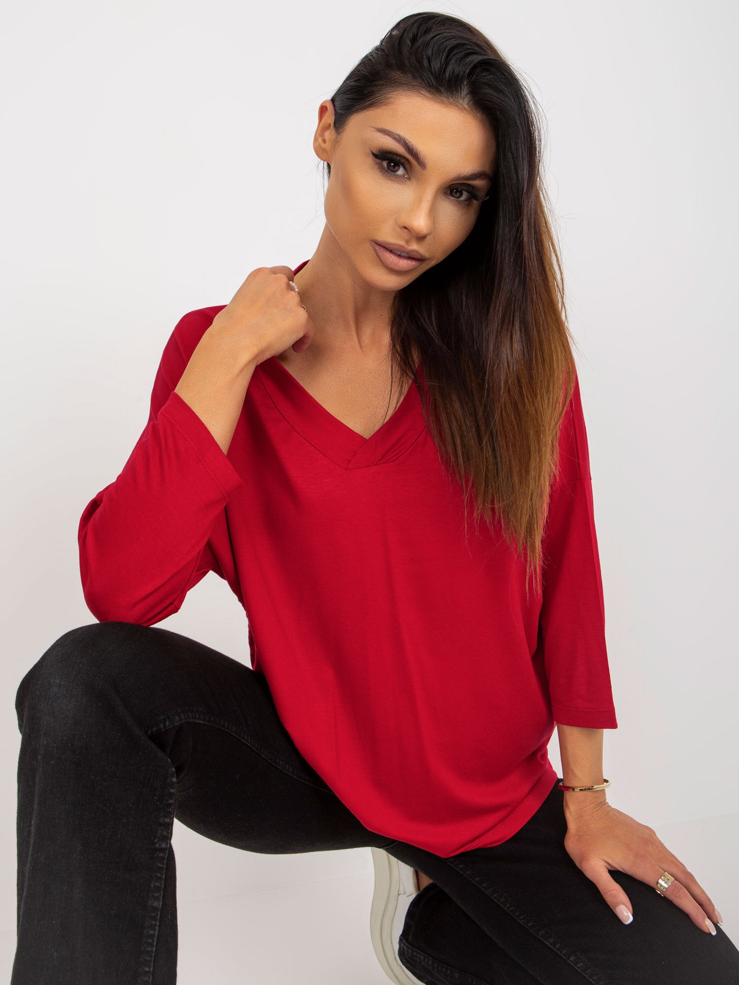 Red Women's Basic Blouse With 3/4 Sleeves