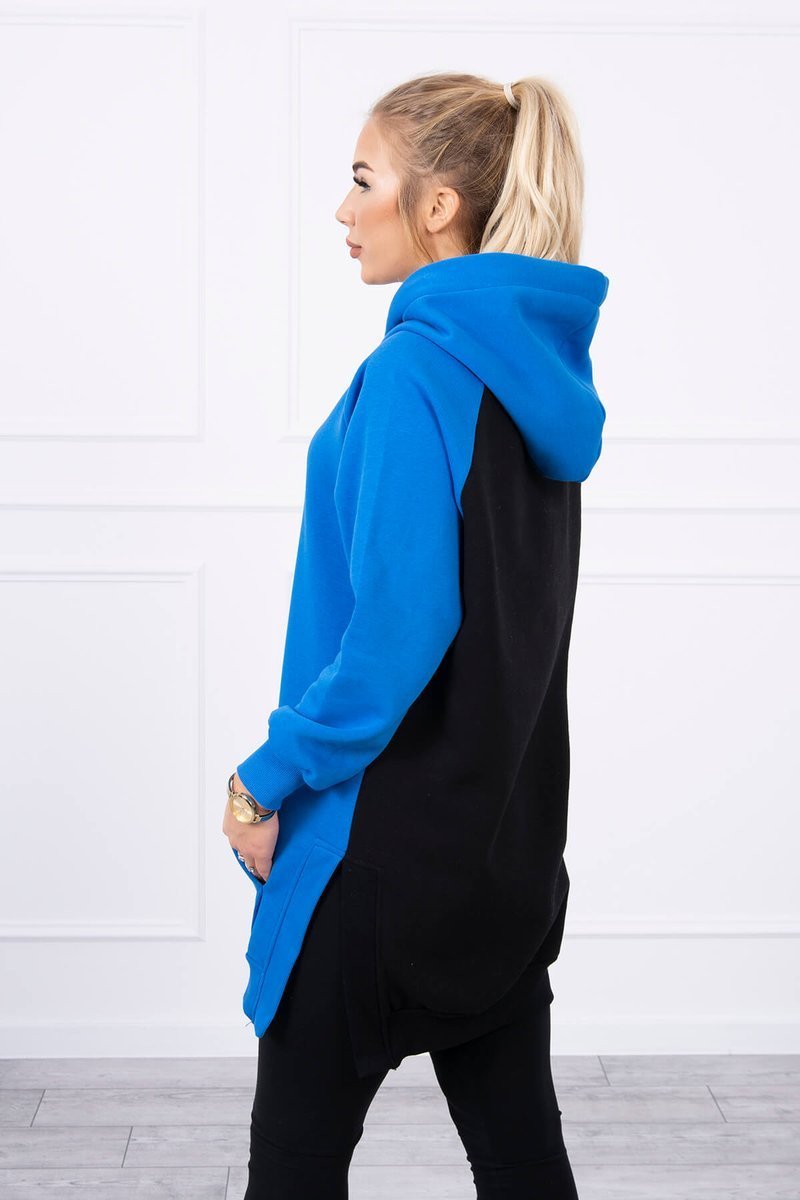 Two-color dress with a hood of purple-blue