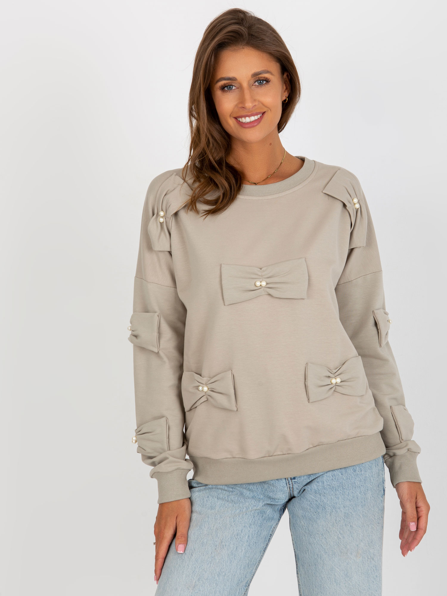 Grey Women's Hoodless Sweatshirt With Beads