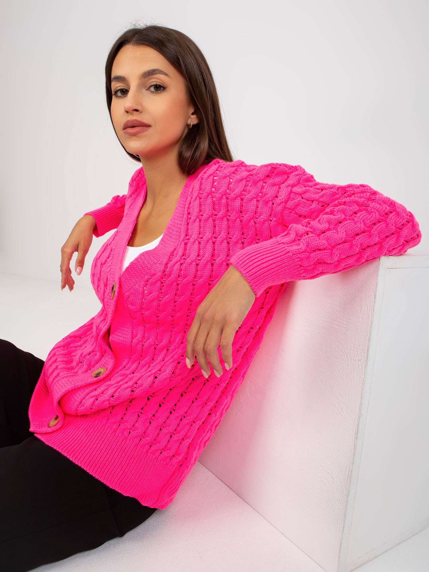 Fluo Pink Openwork Cardigan With Buttons RUE PARIS