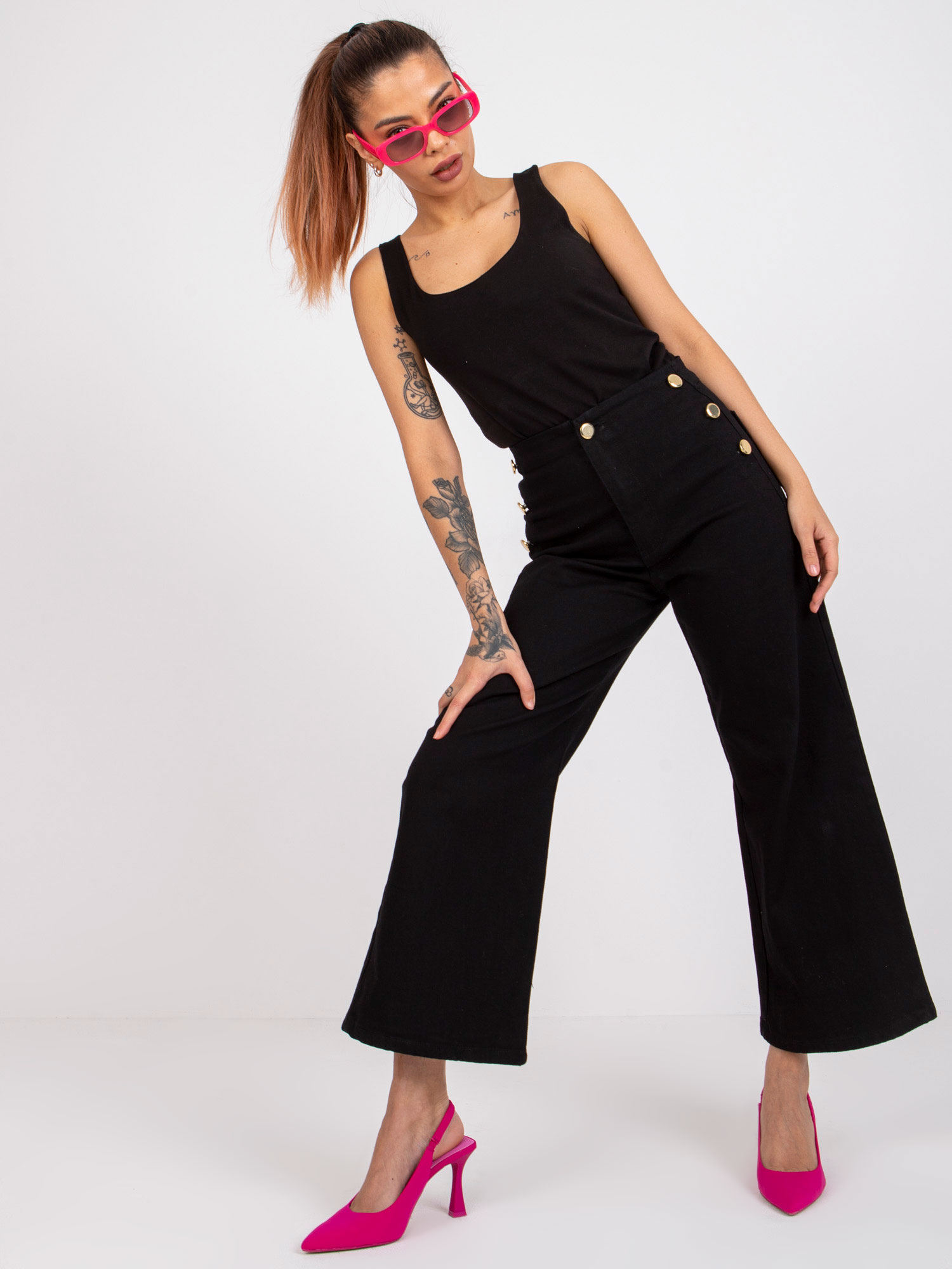 Jeans Marianne RUE PARIS din denim negru cu nasturi decorativi