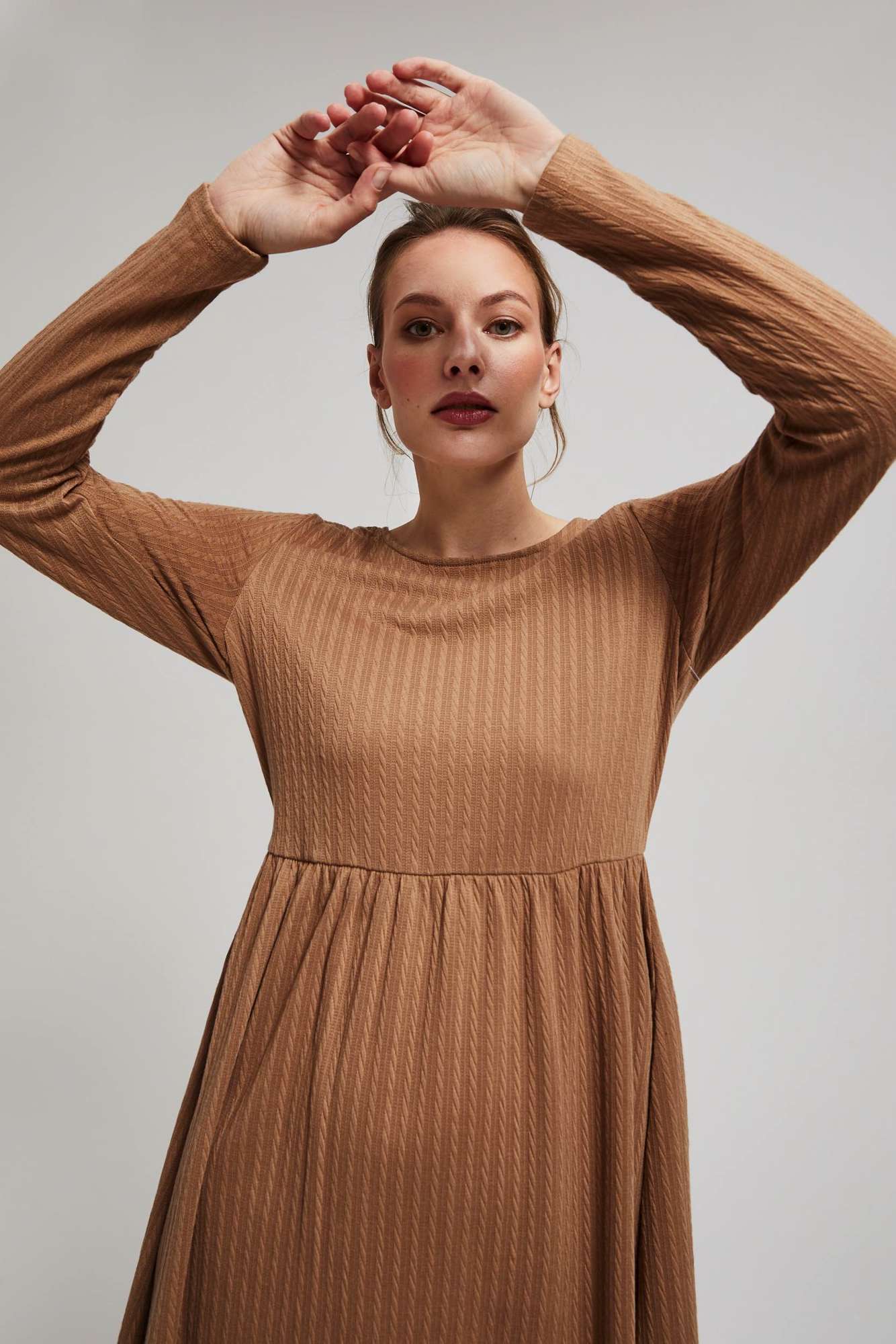 Marisse Dark Beige Dress With Long Sleeves And A Flared Bottom