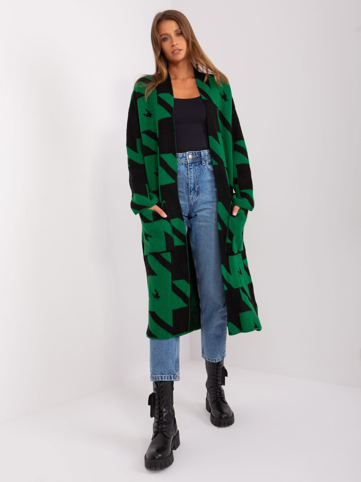 Green And Black Long Cardigan With Pockets