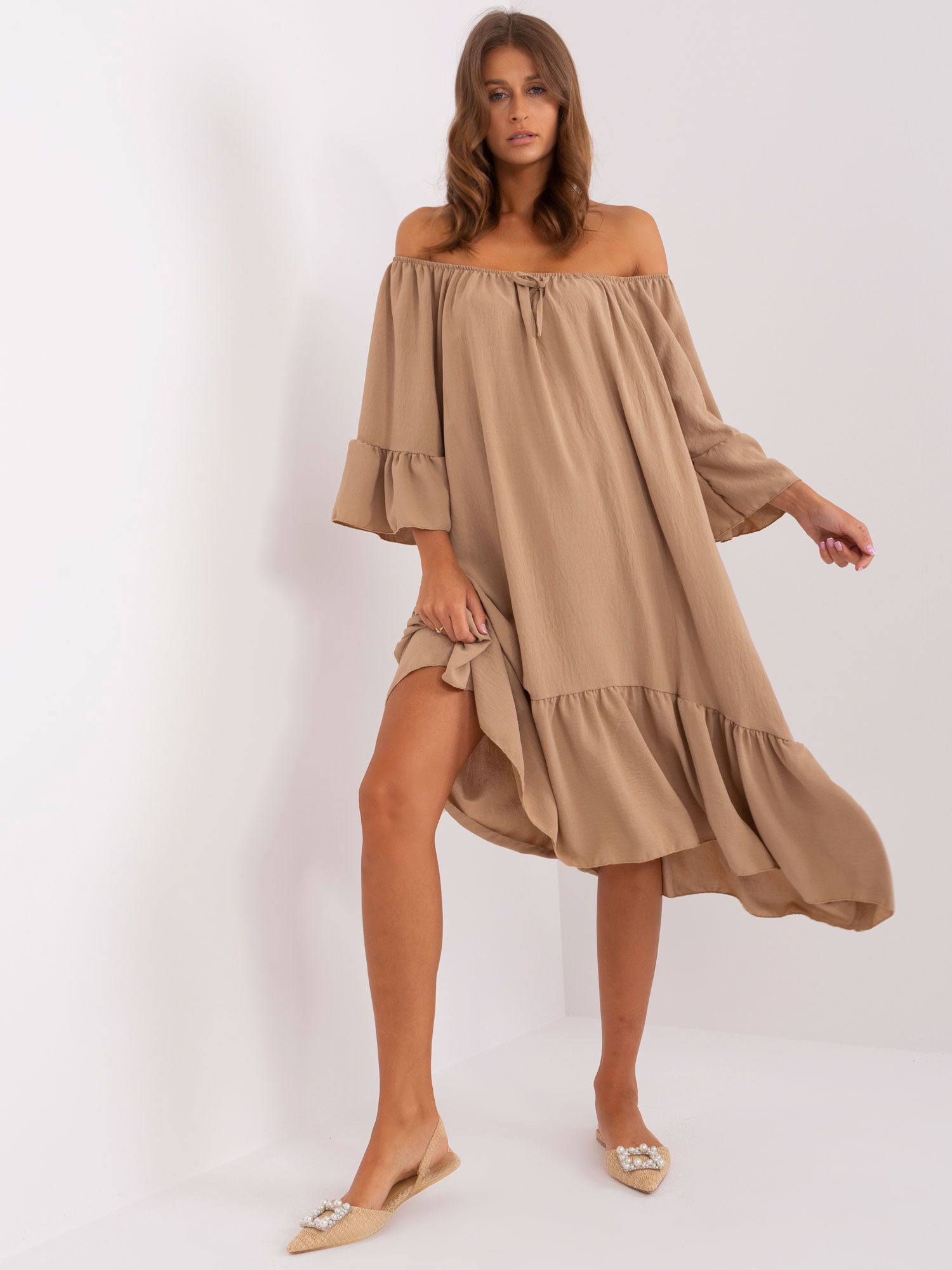 Camel Oversize Dress With Frills