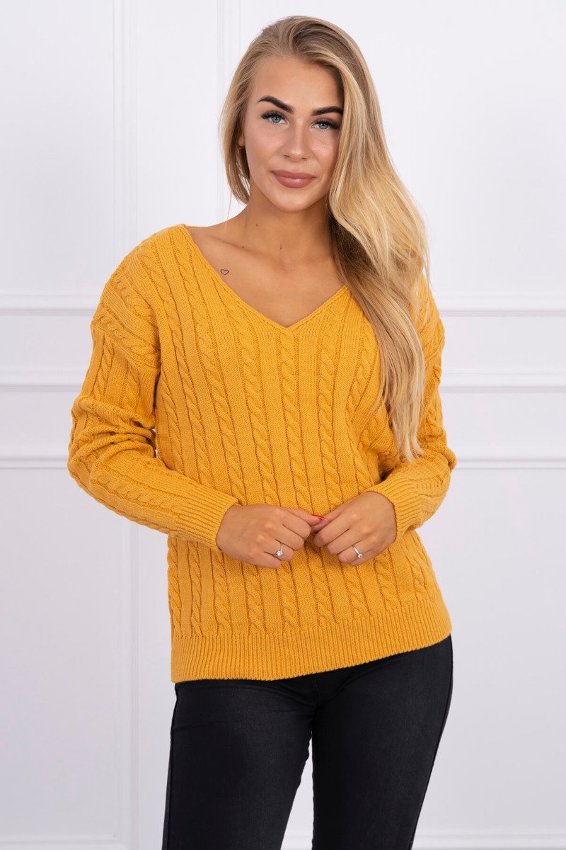 Knitted sweater with camel neckline in V-neck