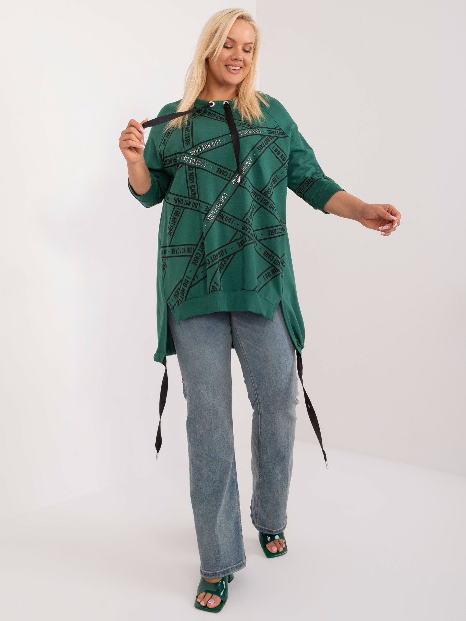 Navy green plus size blouse with lettering and rhinestones