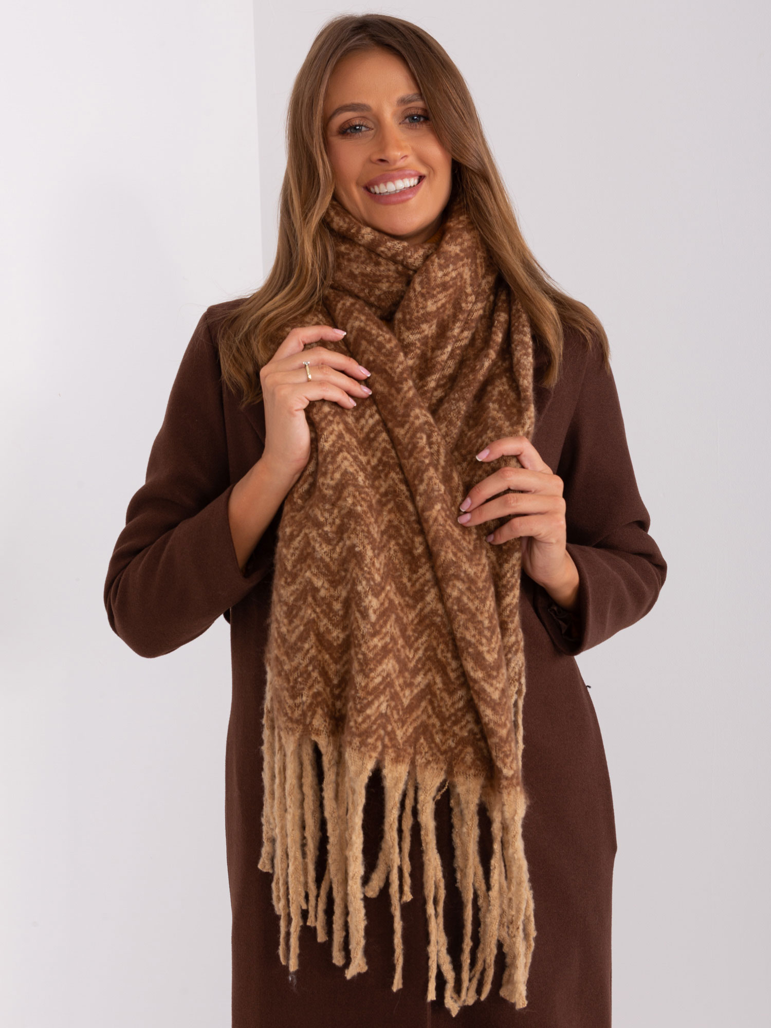 Camel and brown patterned scarf with fringe