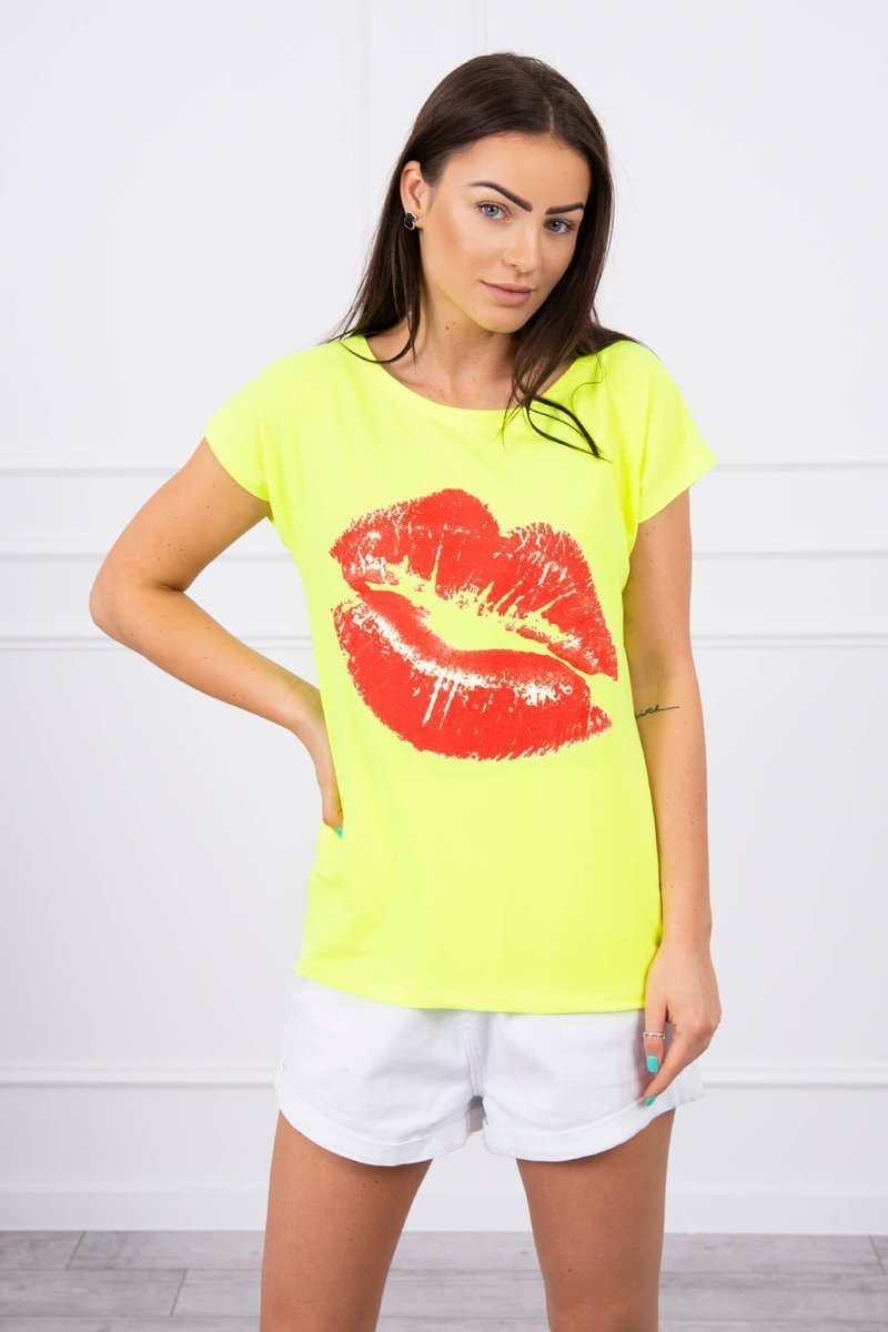 Lip Print Blouse Neon Yellow + Red