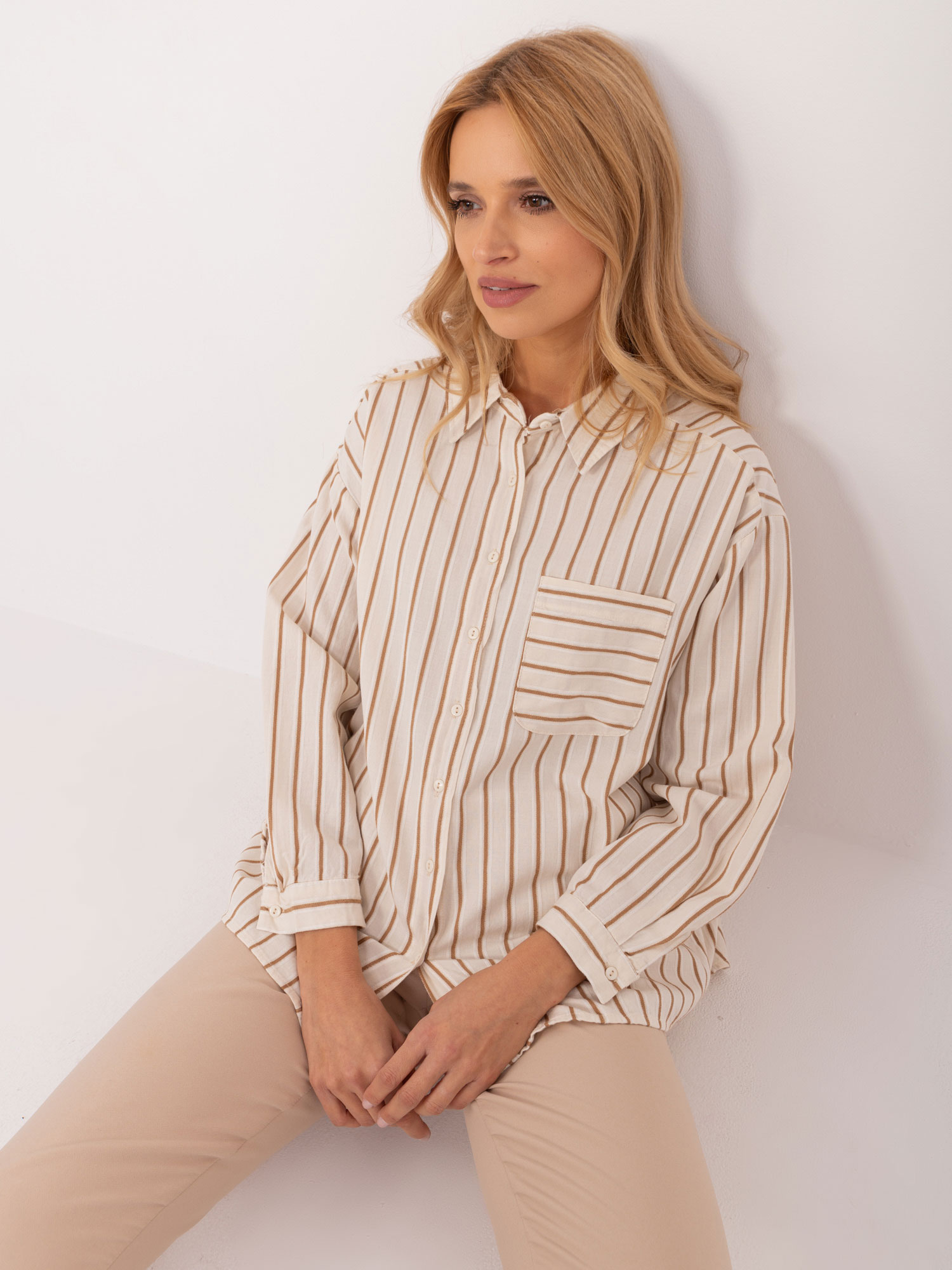 Casual shirt with cream and camel stripes