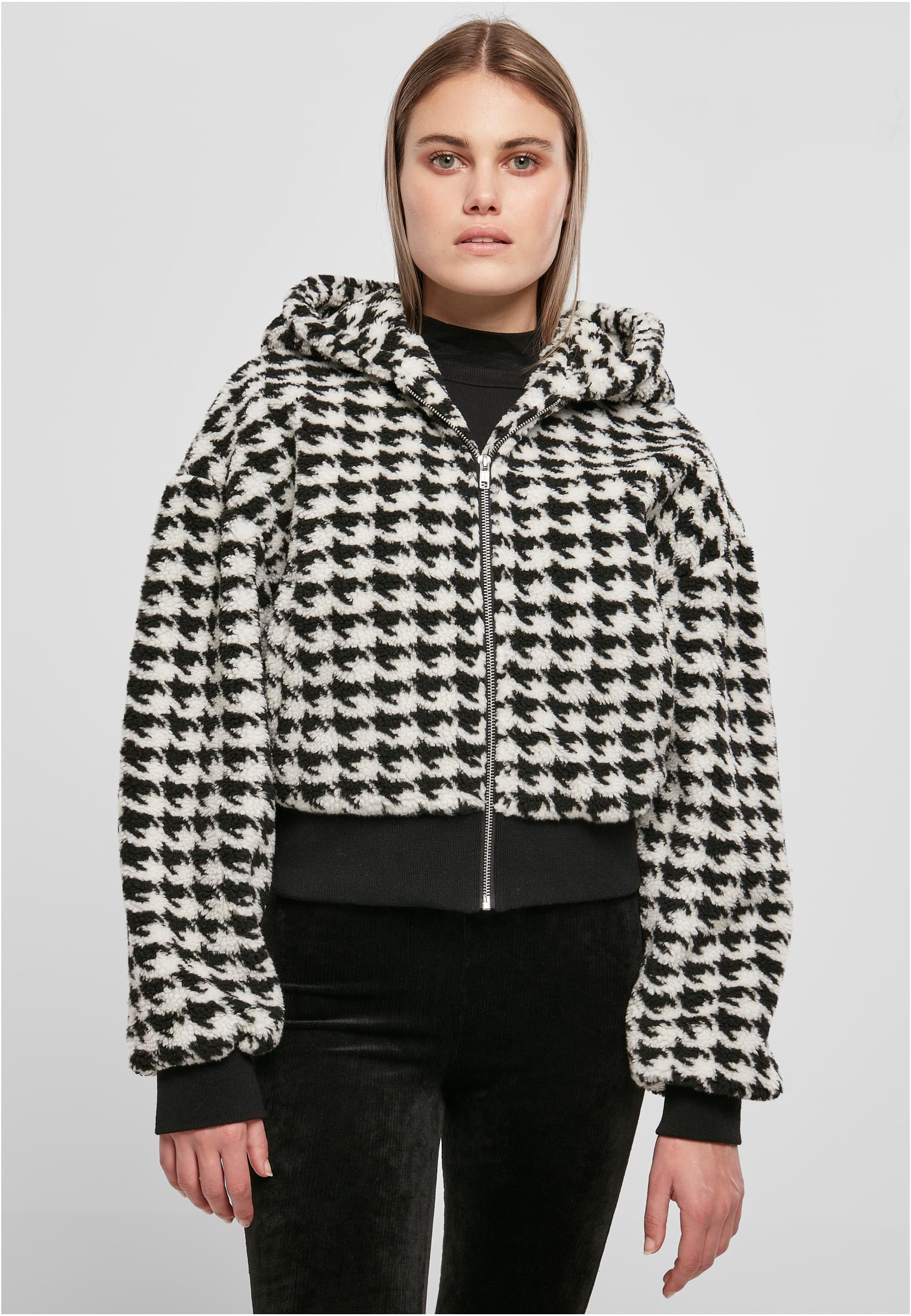 Women's Short Oversized Jacket AOP Sherpa Blackhoundstooth