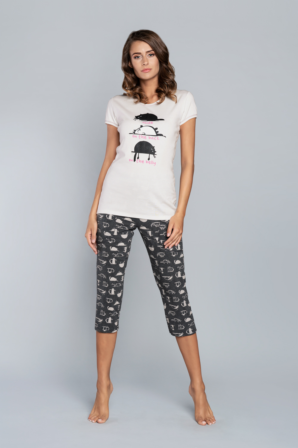 Pyjamas Dima With Short Sleeves, 3/4 Pants - Ecru Print/dark Melange