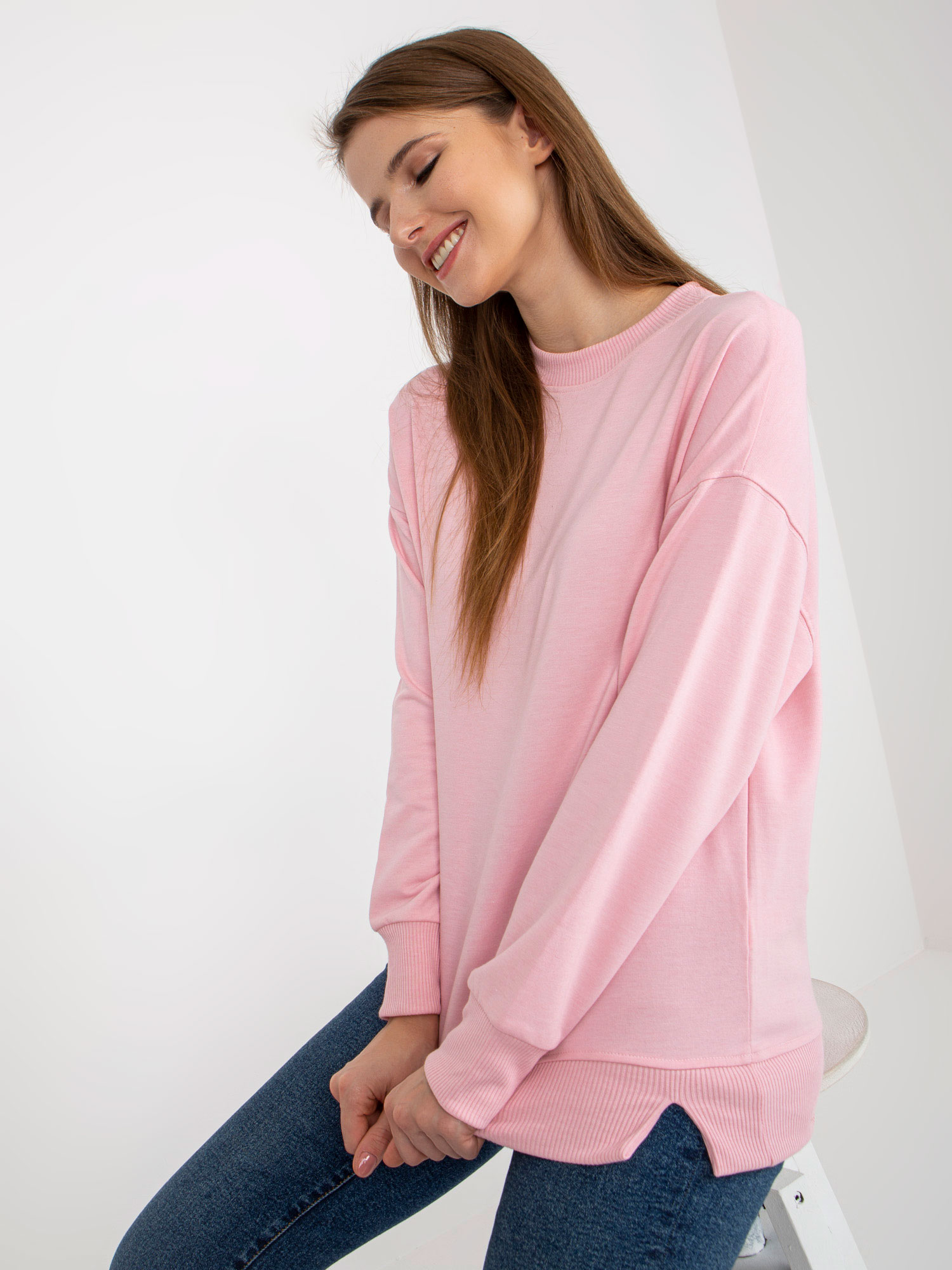 Light Pink Basic Hoodless Sweatshirt With Slits