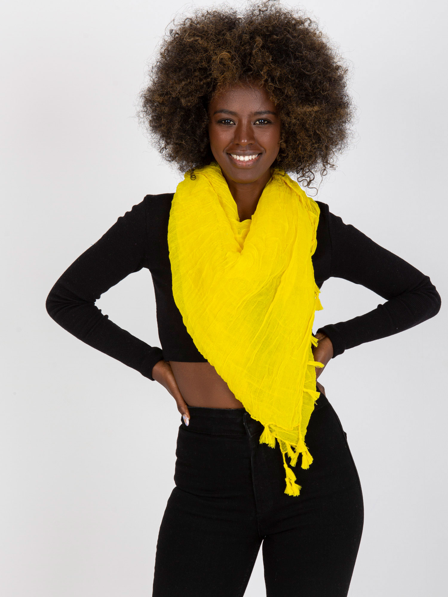 Yellow crumpled scarf with fringe