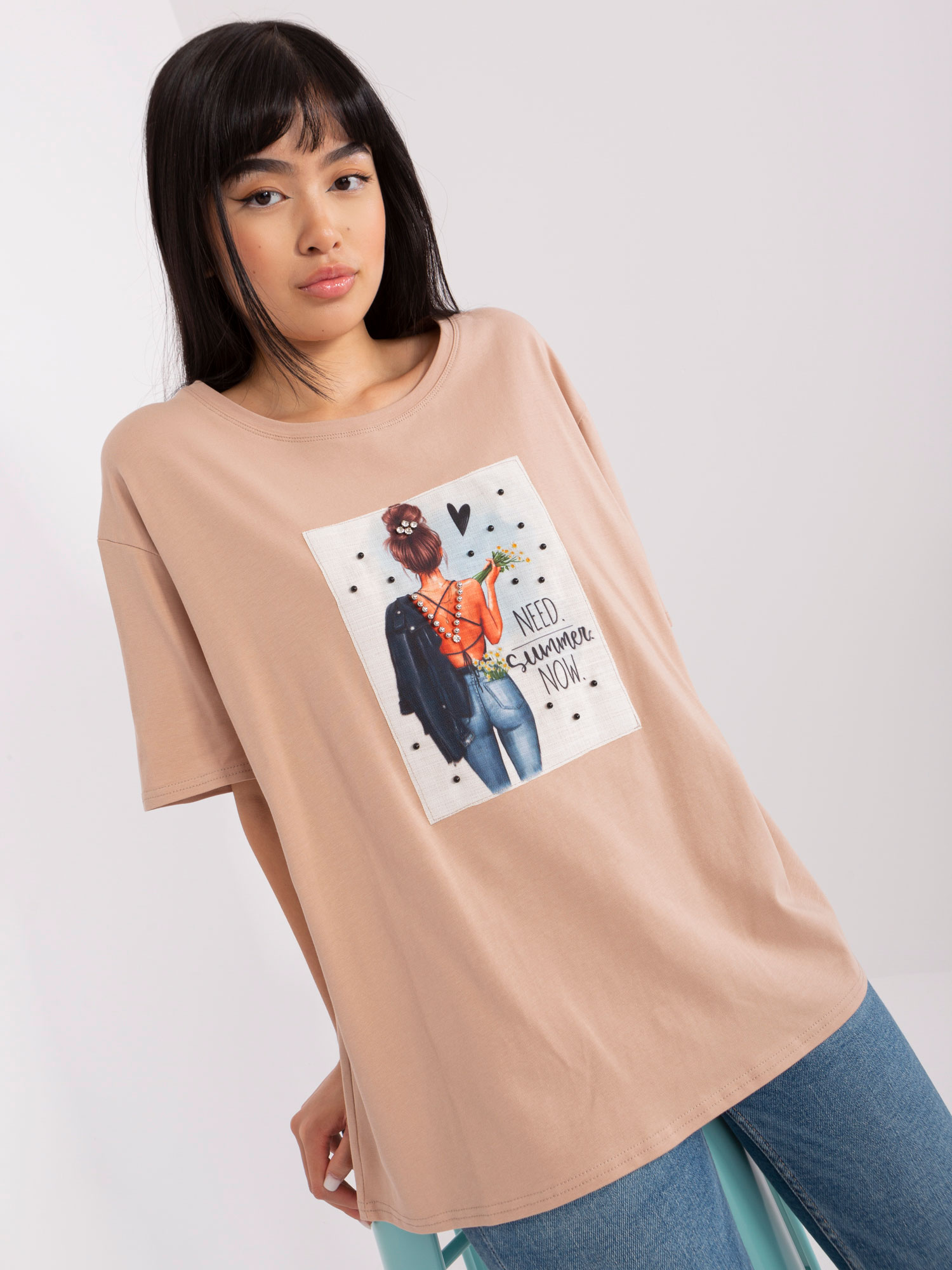 Beige T-shirt With Print And Round Neckline