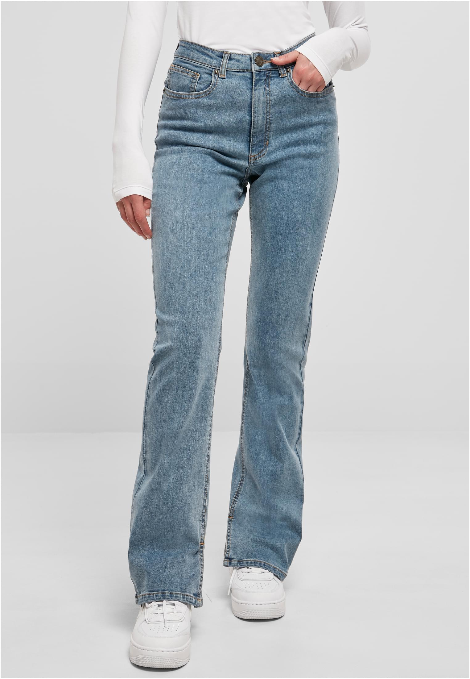 Dámske džínsové nohavice s vysokým pásom s rovným rozparkom - modré