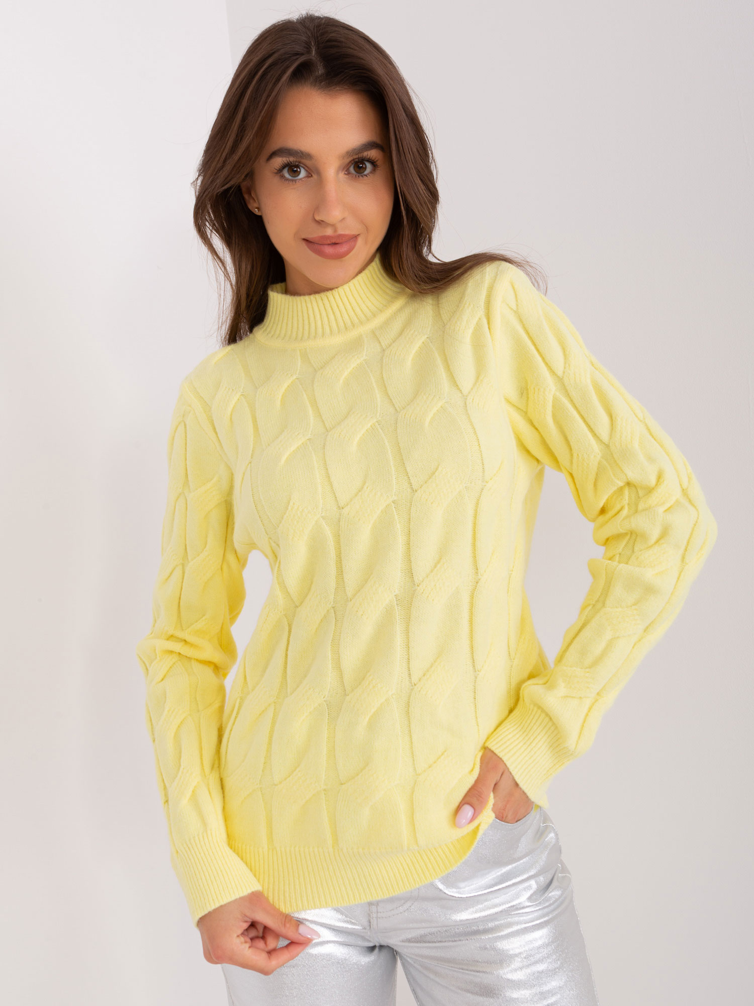 Light Yellow Sweater With Cables And Turtleneck