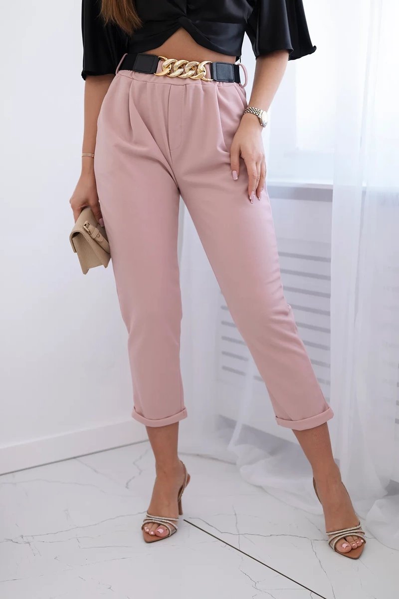 Viscose trousers with decorative belt powder pink