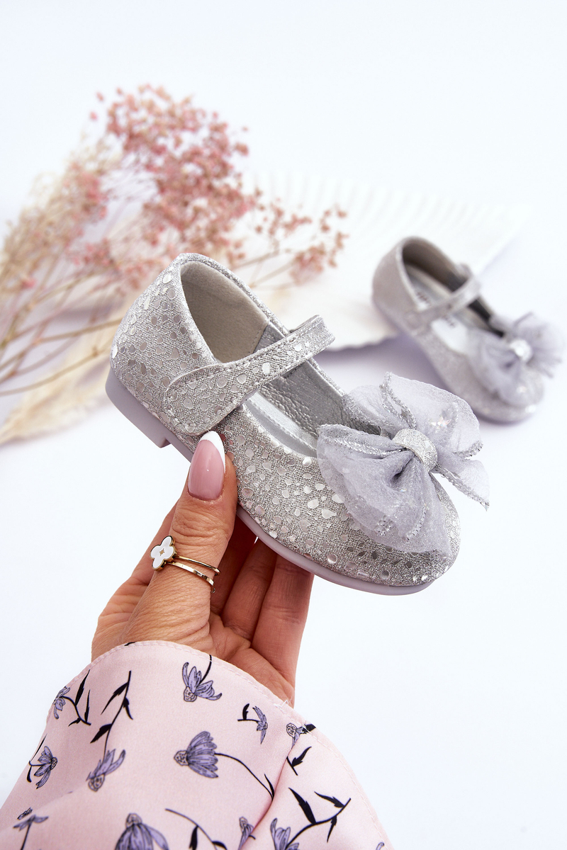 Children's ballerinas with bow and velcro glitter Silver-Grey Elisa