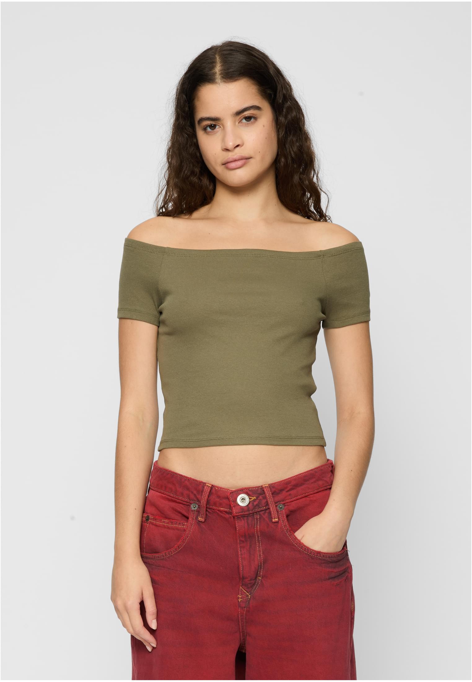 Women's T-Shirt Off Shoulder Rib Tee 2-Pack White+Olive