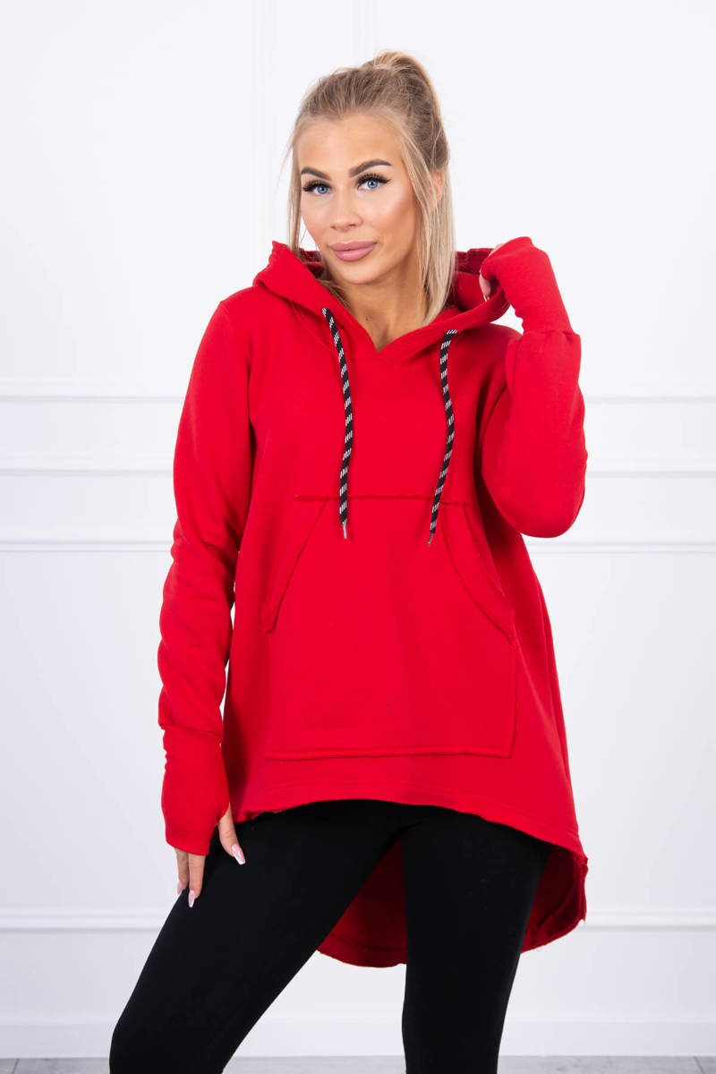 Insulated sweatshirt with longer back and red hood