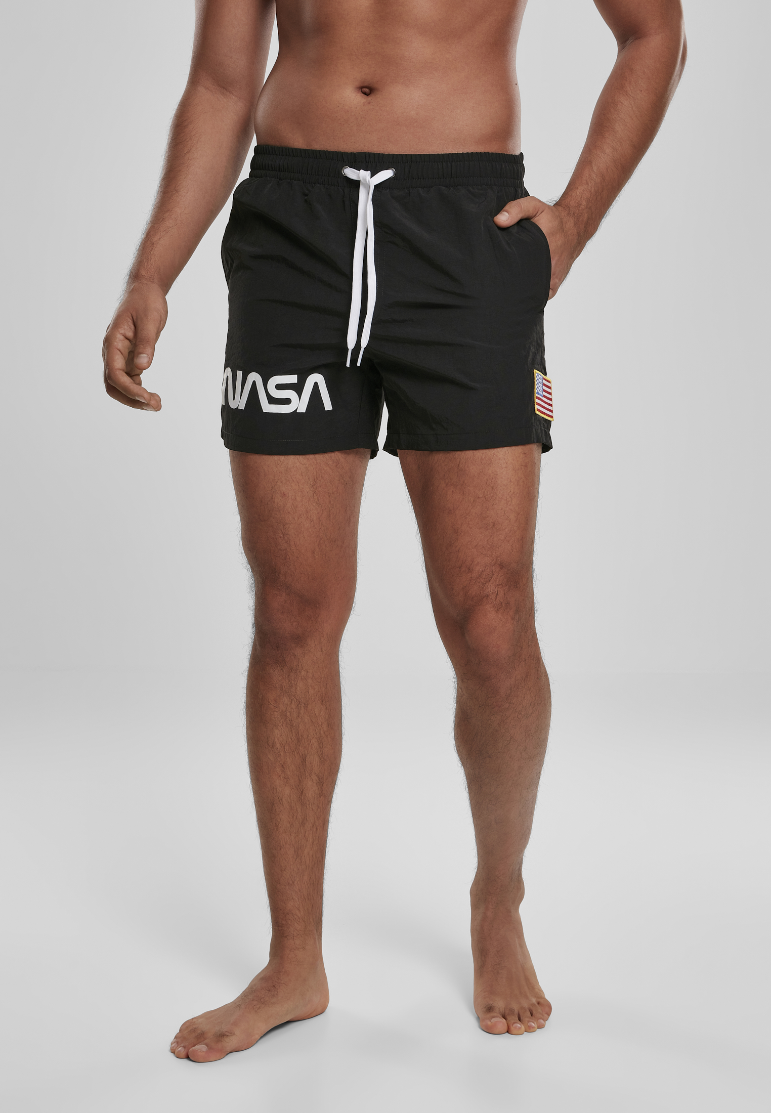 Black swimsuit with NASA Worm logo