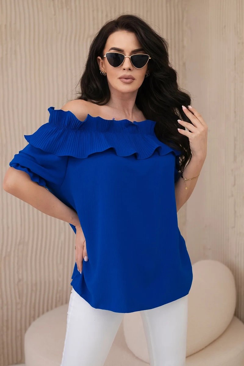 Spanish blouse with decorative ruffle cornflower blue